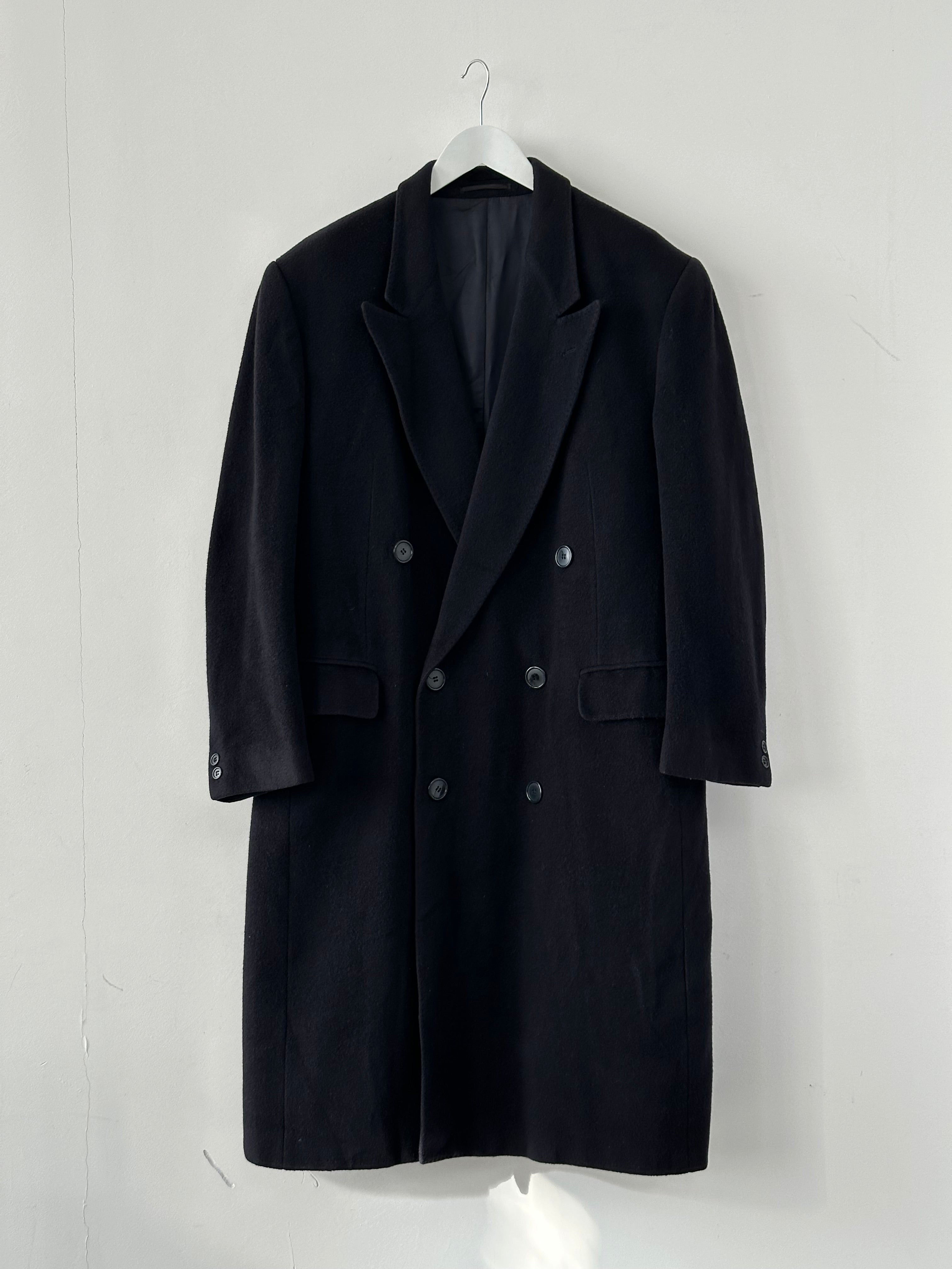 Yves Saint Laurent wool alpaca double-breasted coat in XL, featuring a classic design with lapel collar and button details.