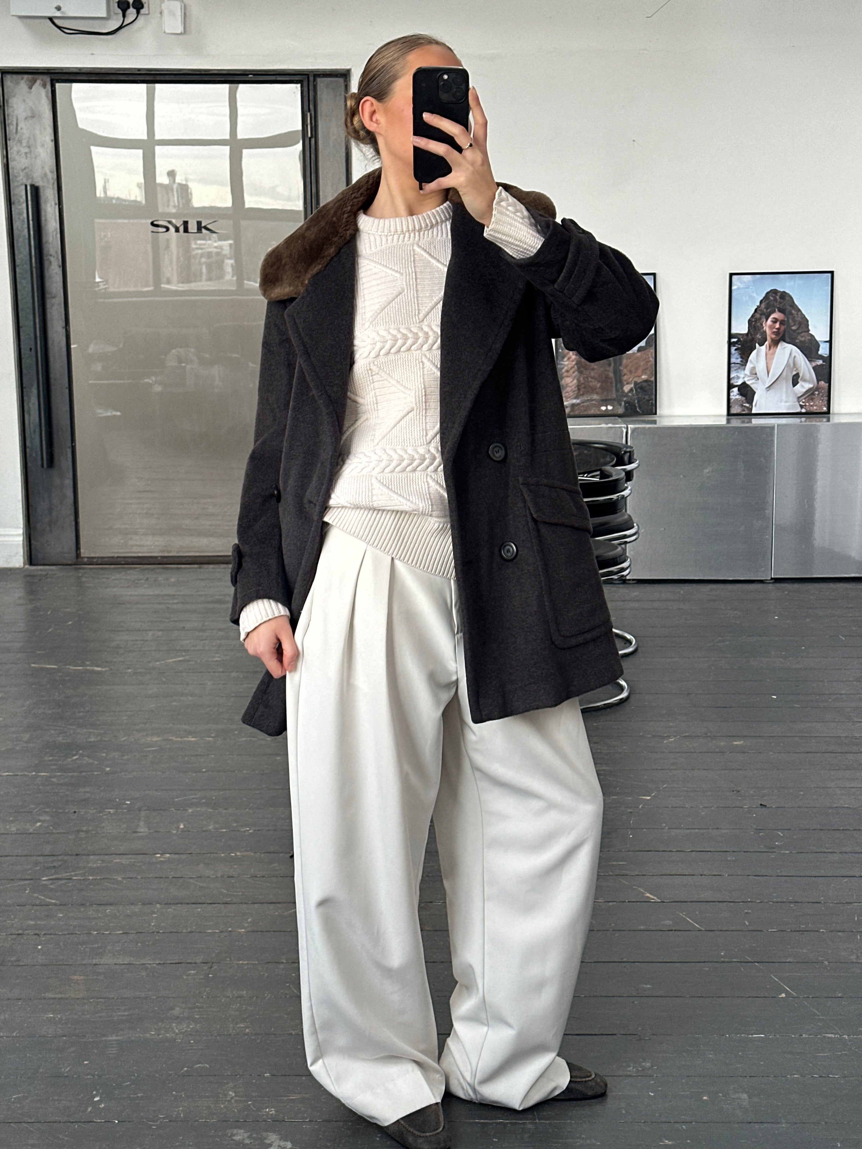 Max Mara 1990s wool and cashmere plush fur collar coat, front view showcasing luxurious fabric and elegant design.