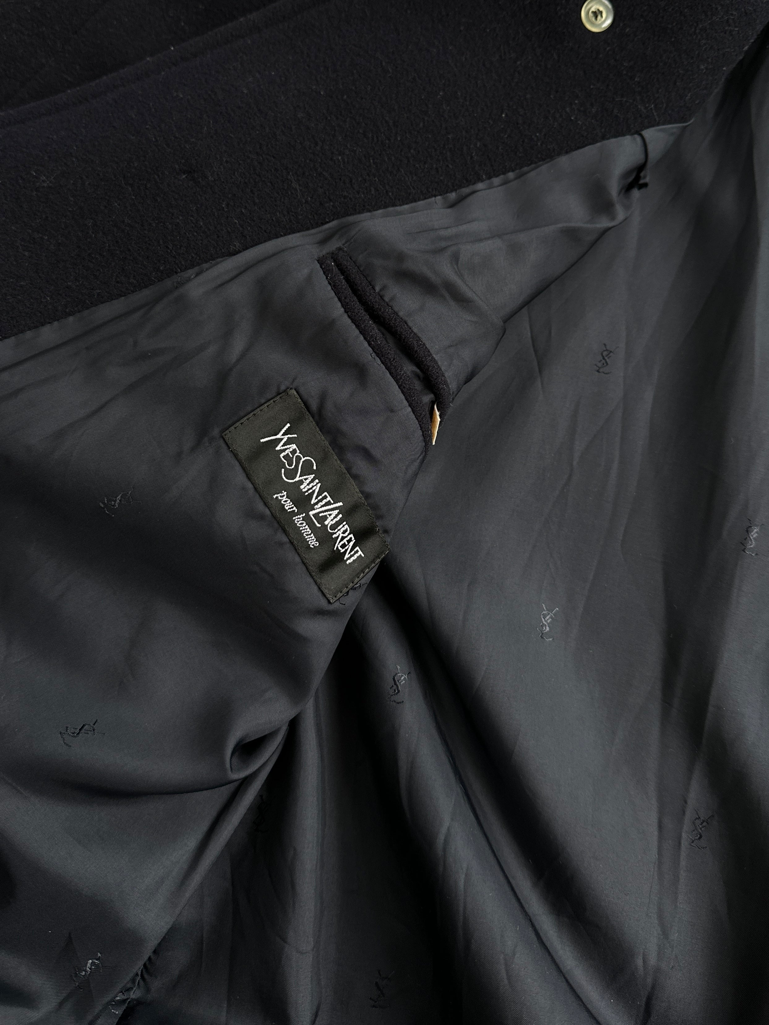 Yves Saint Laurent Pour Homme wool cashmere single-breasted coat in XL, displayed on a hanger with detailed fabric texture.