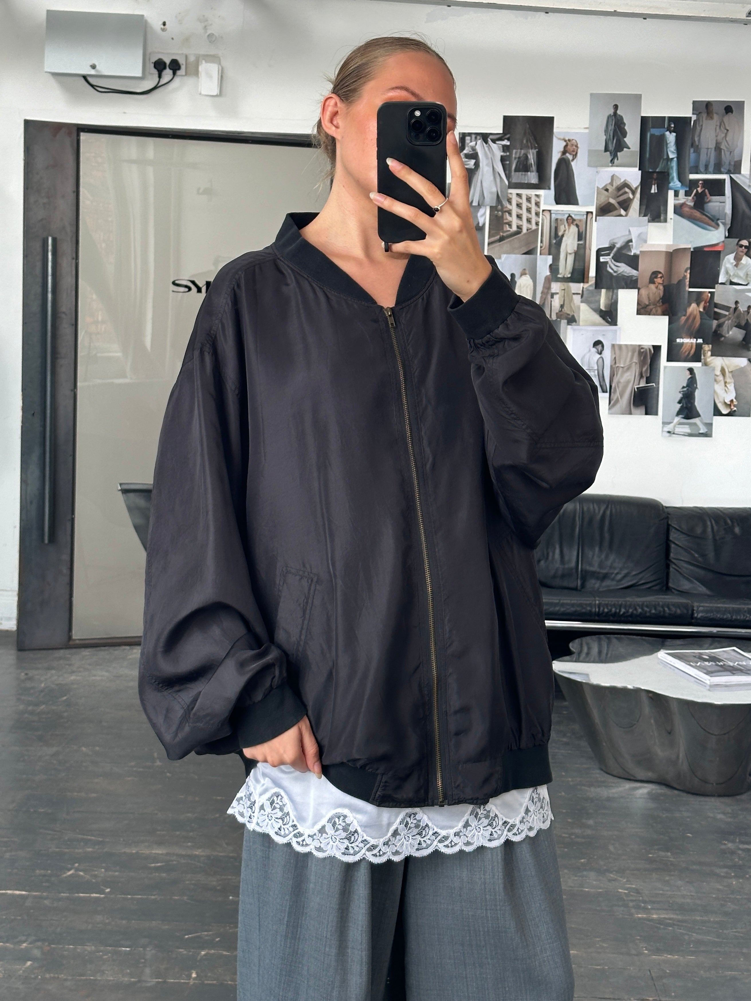 Vintage 1990s pure silk bomber jacket in XXXL size, featuring a classic design and smooth silk fabric.
