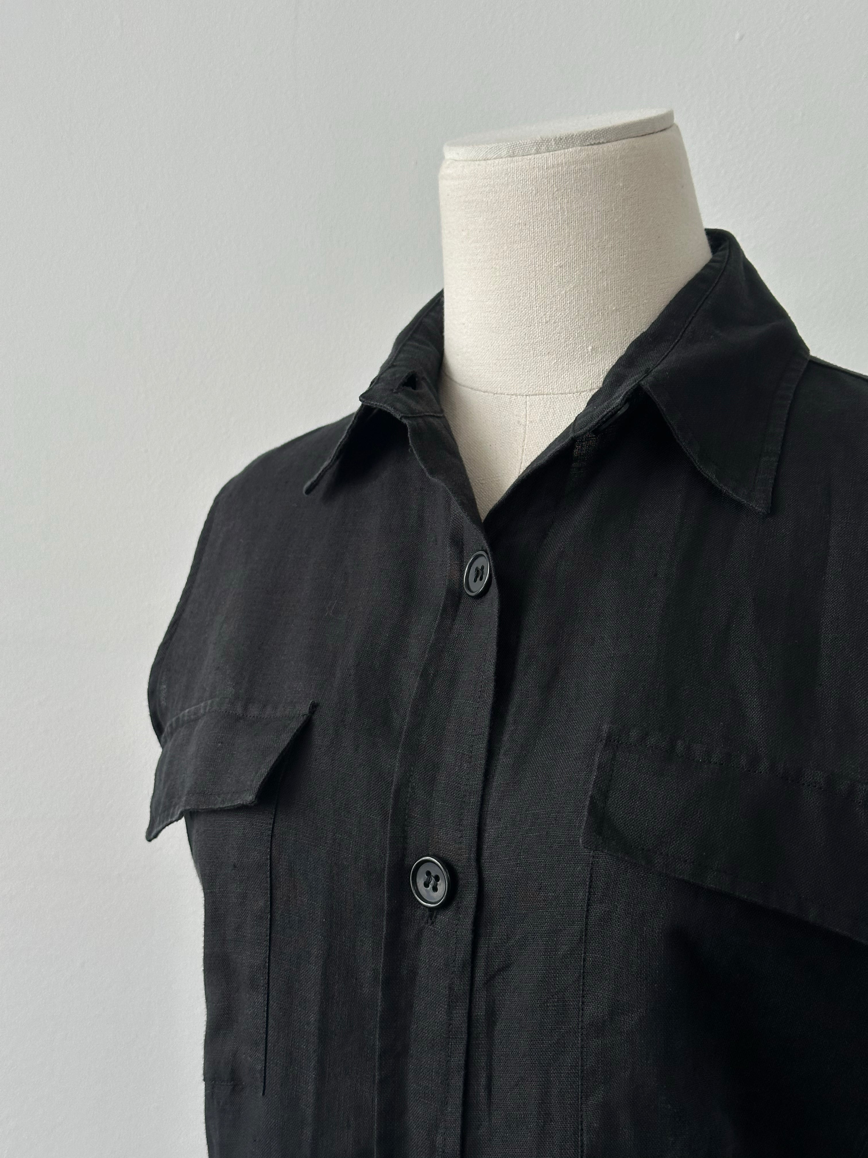 Mani 1990s pure linen sleeveless floor-length dress in natural light beige, styled with a relaxed fit and elegant silhouette.