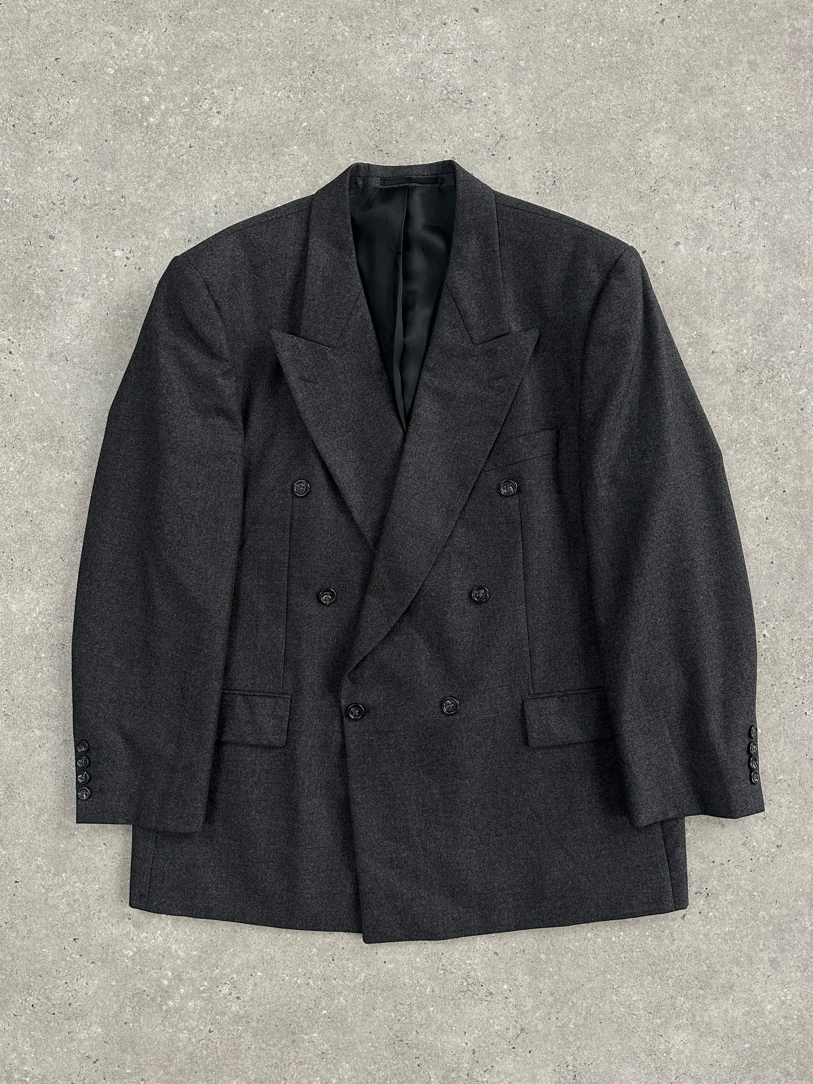 Daniel Hechter x Loro Piana 1990s brushed wool double-breasted blazer in size 42R/XL, shown in a classic tailored style.