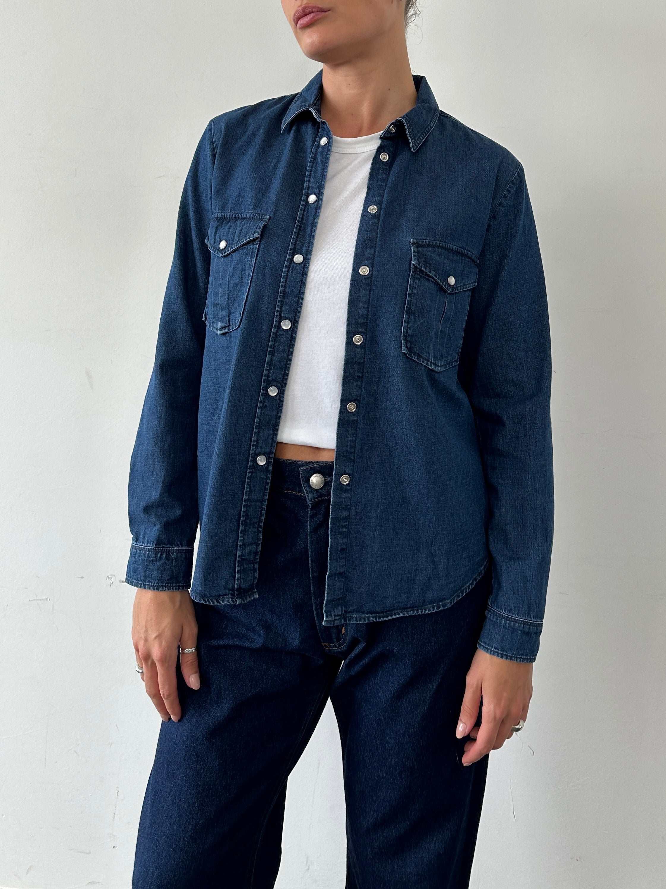 MAX & Co pure cotton denim shirt in size S/M, featuring classic collar and button-down front, casual and stylish for everyday wear.