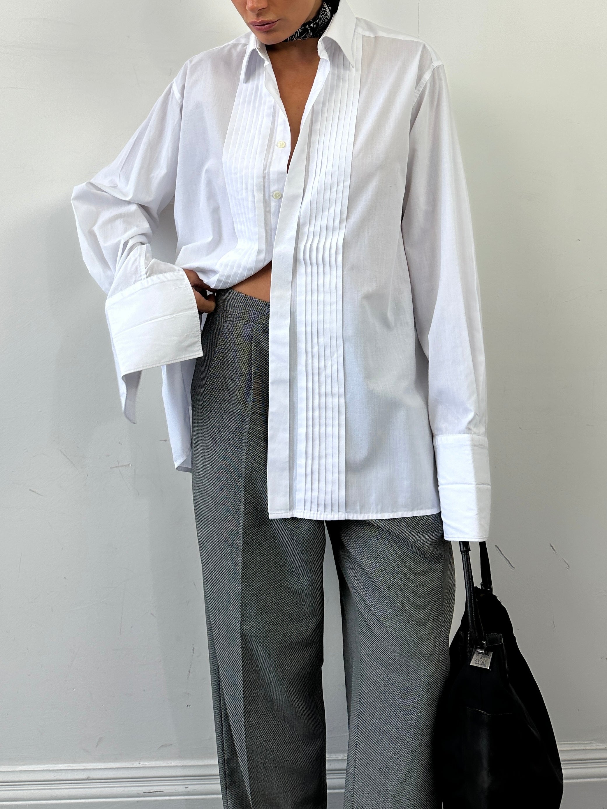 Vintage vintage pleated tuxedo dress shirt in XL/XXL, featuring classic pleats and formal styling, shown on a neutral background.