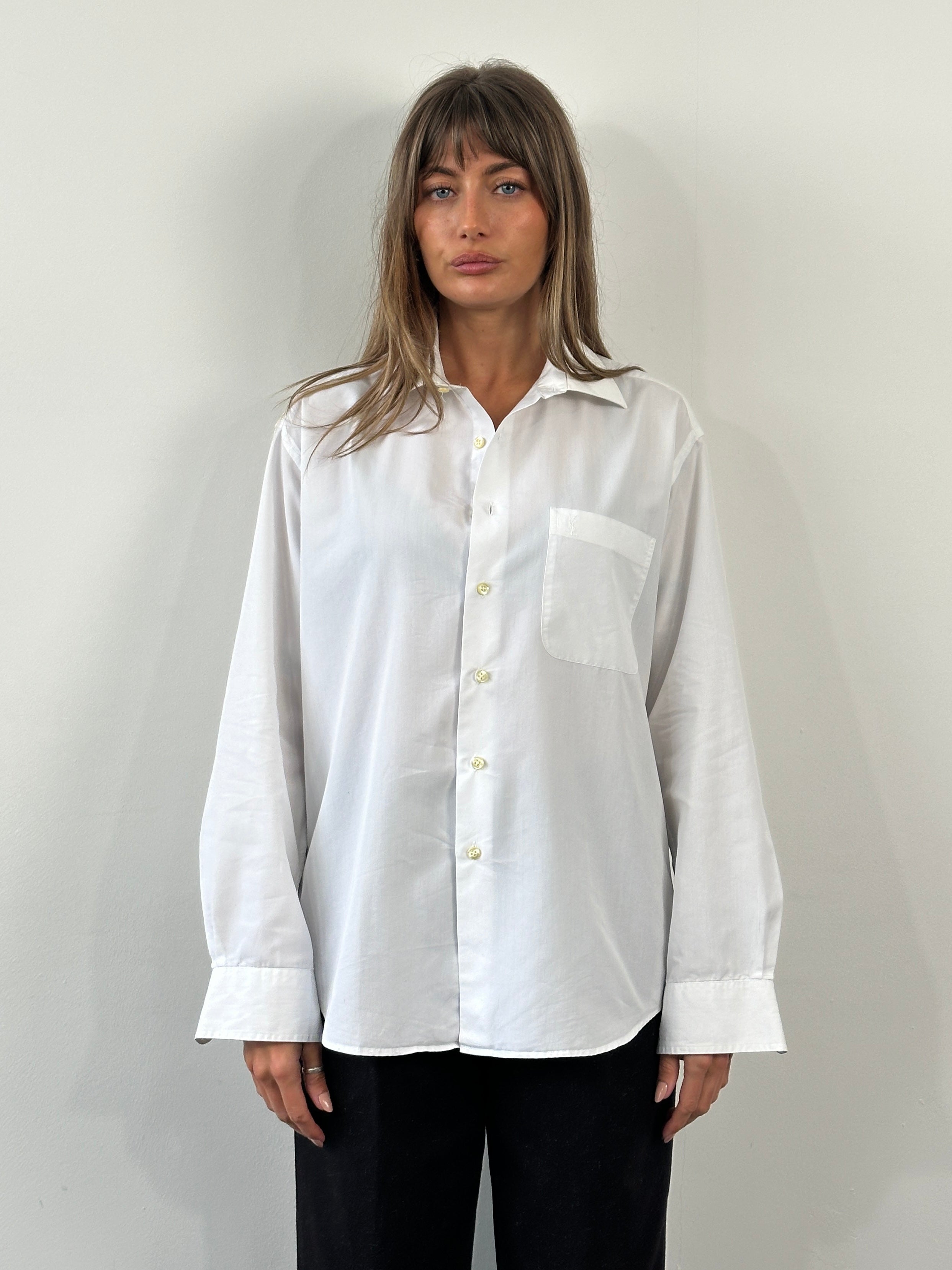 Yves Saint Laurent Pour Homme 1990s cotton logo shirt in size M/L, with classic design and distinctive branding details.