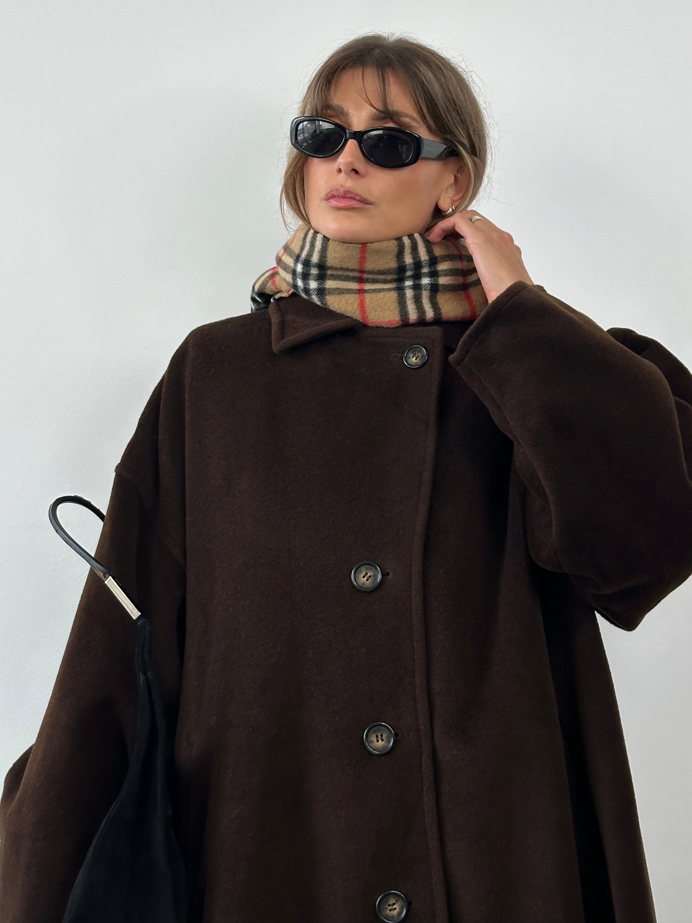 Max Mara pure virgin wool A-line coat in XL, shown in a stylish, tailored design with a classic collar and smooth fabric finish.