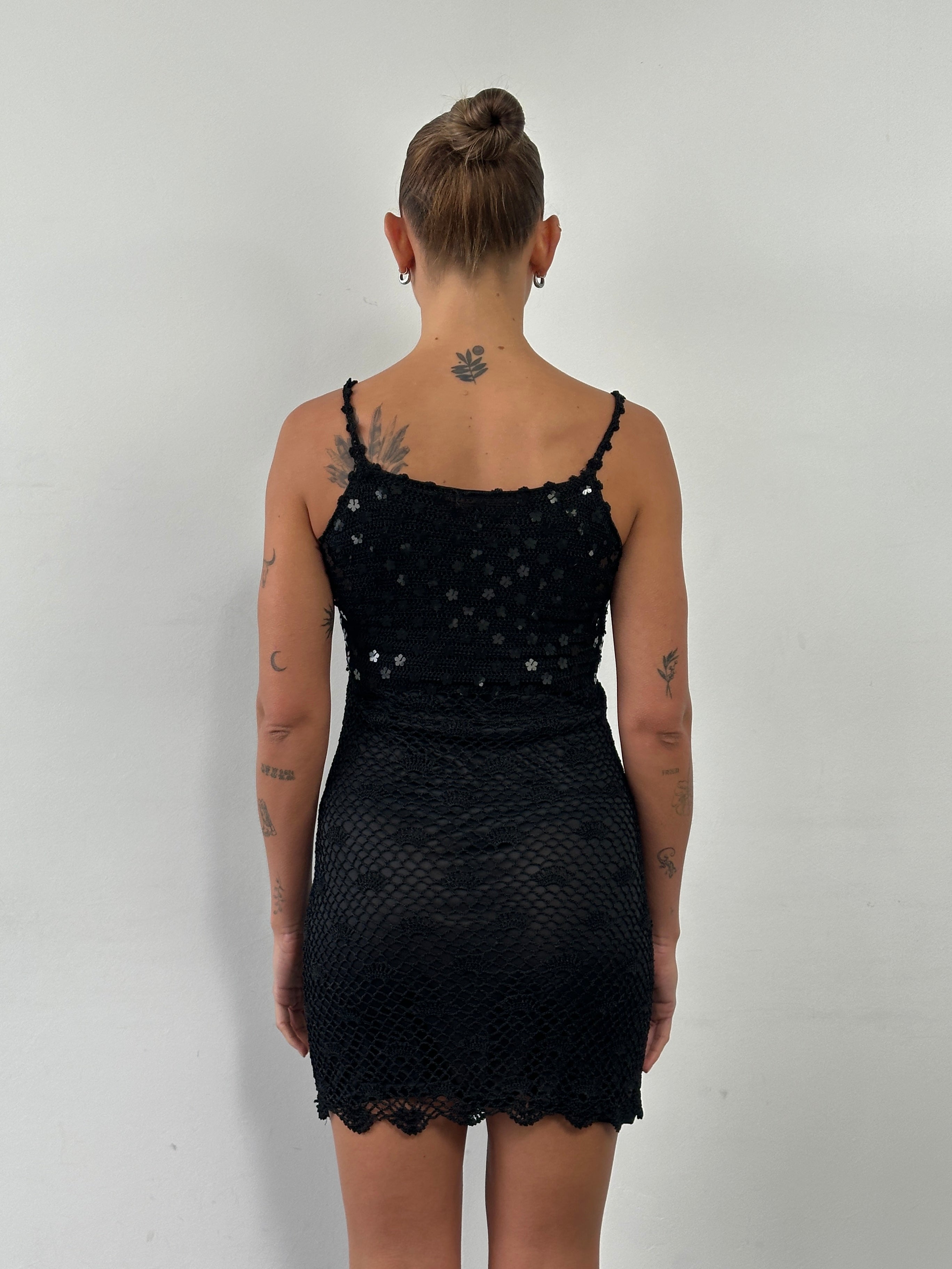 Vintage sequin crochet midi slip dress in XS/S, featuring shimmering sequins and intricate crochet details on a stylish dress.