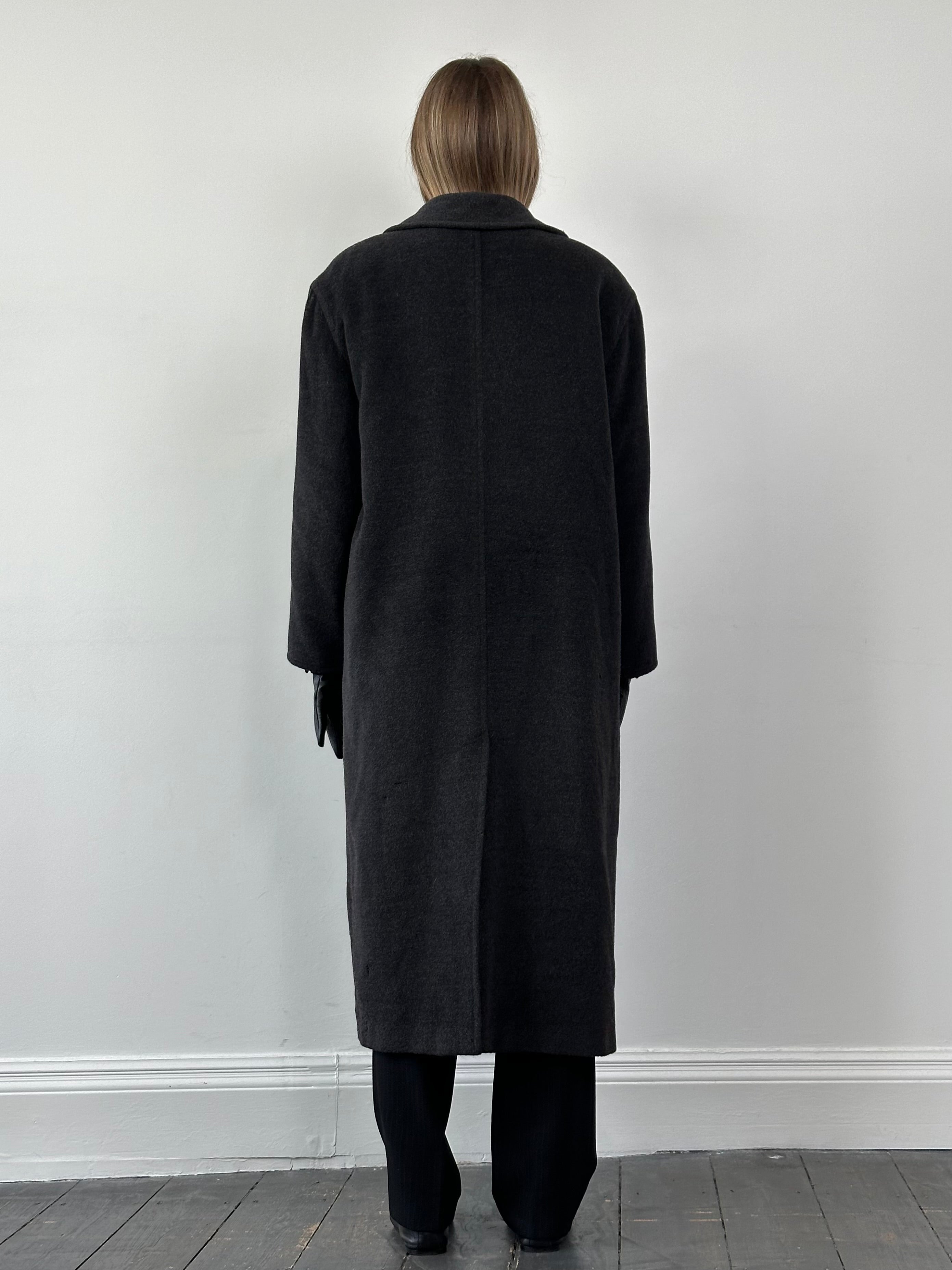 Marella wool cashmere double-breasted floor-length coat in XL with wide lapels and belt, hanging on a hanger against a neutral background.