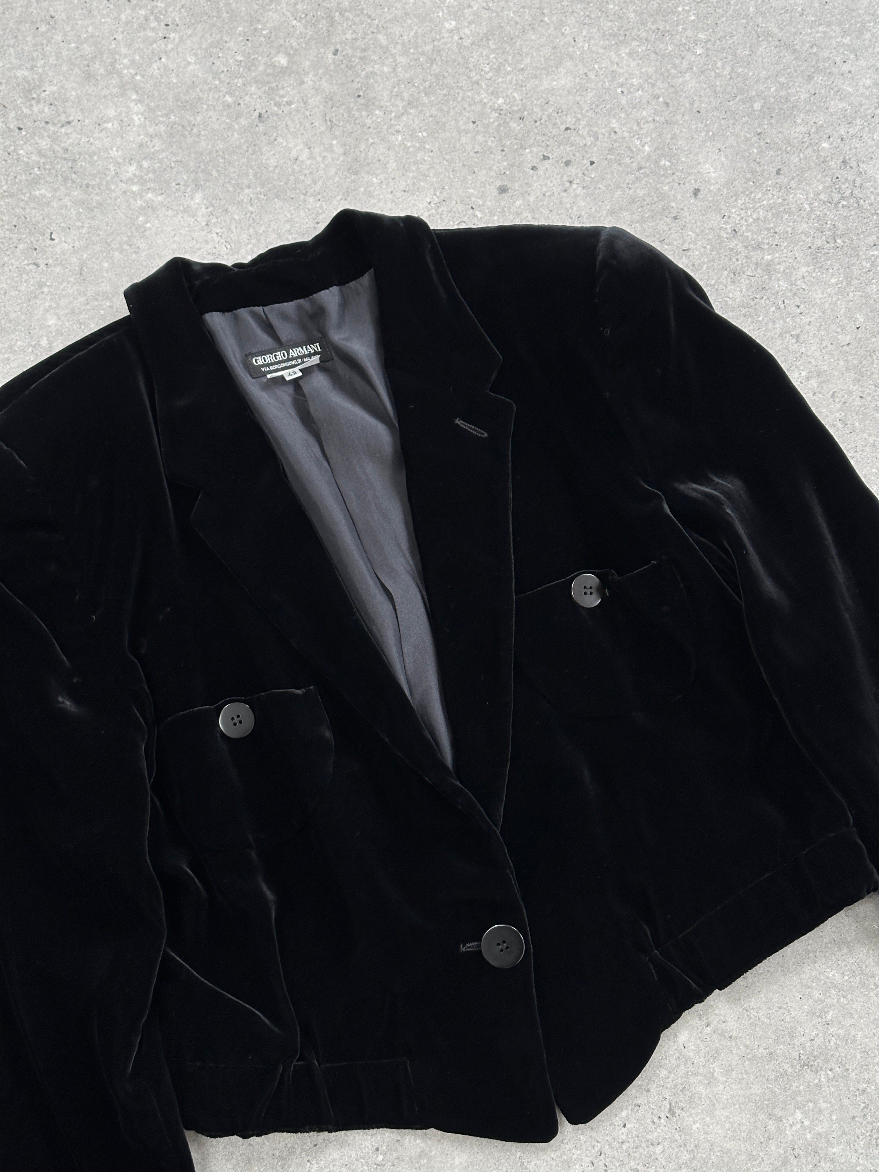 Giorgio Armani black velvet cropped blazer from the 1980s, stylish tailored blazer with structured fit and classic design.