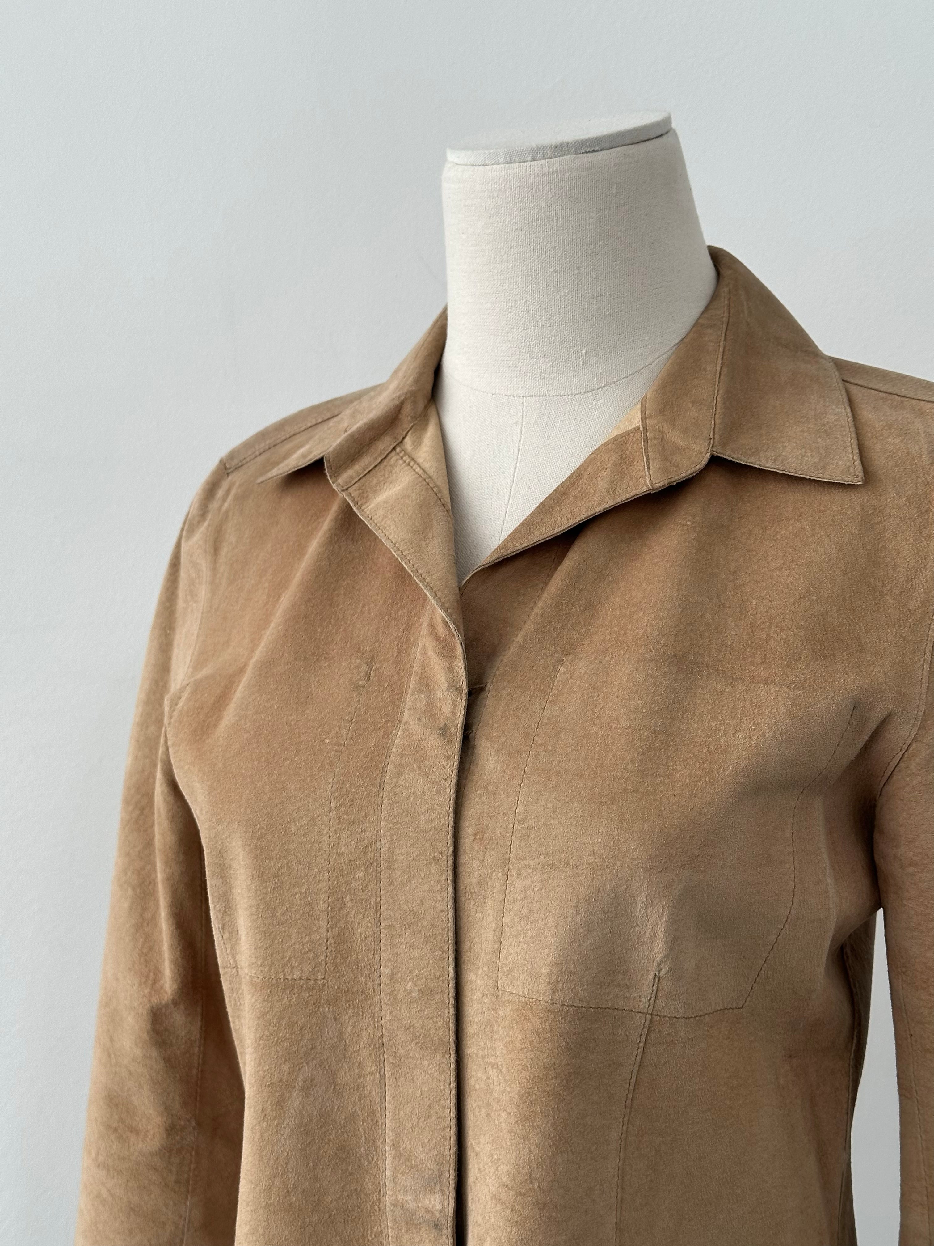 Donna Karan DKNY 2000s suede shirt with concealed placket, XS size, featuring a sleek leather design and minimalist style.