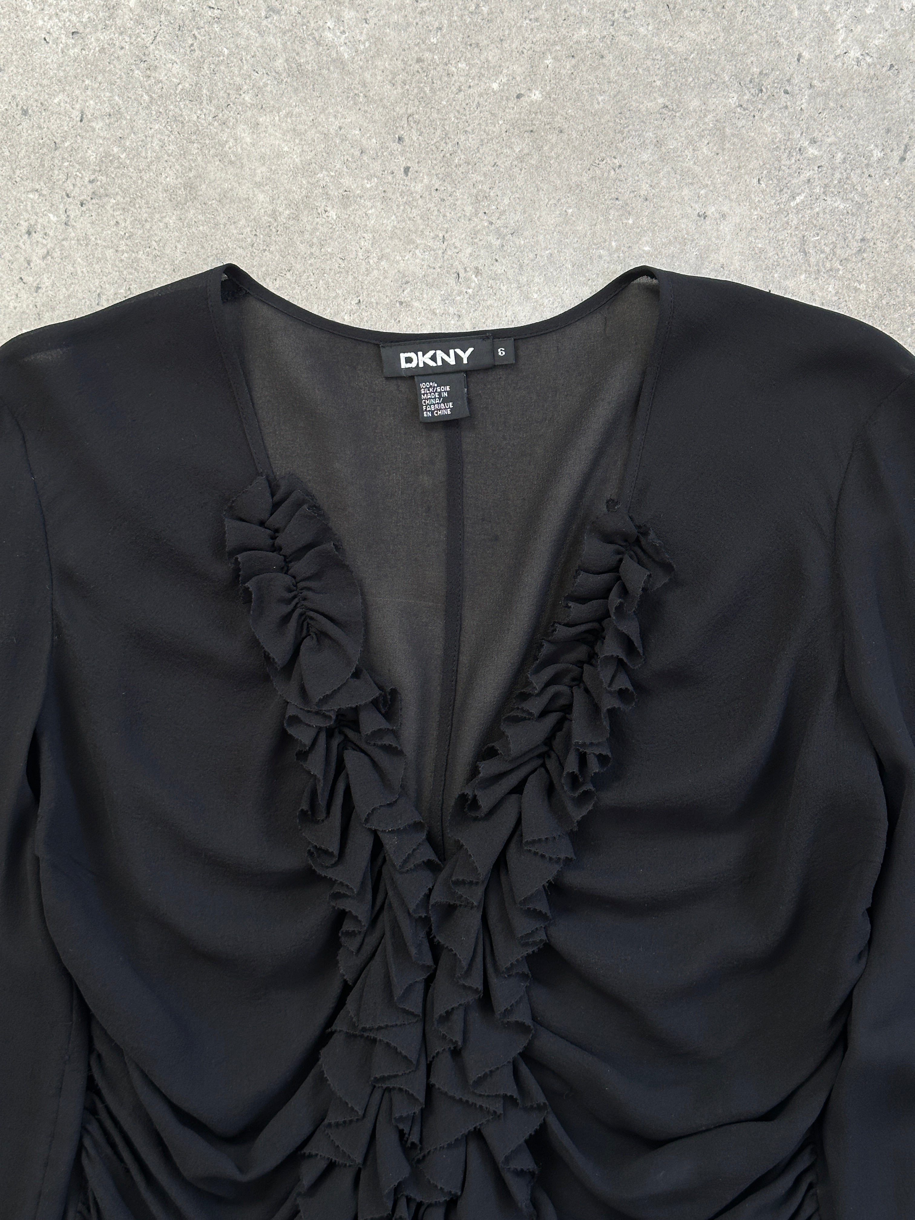 DKNY 2000s pure silk ruched shirt in size M, featuring a draped, elegant design with ruched details and a classic collar.