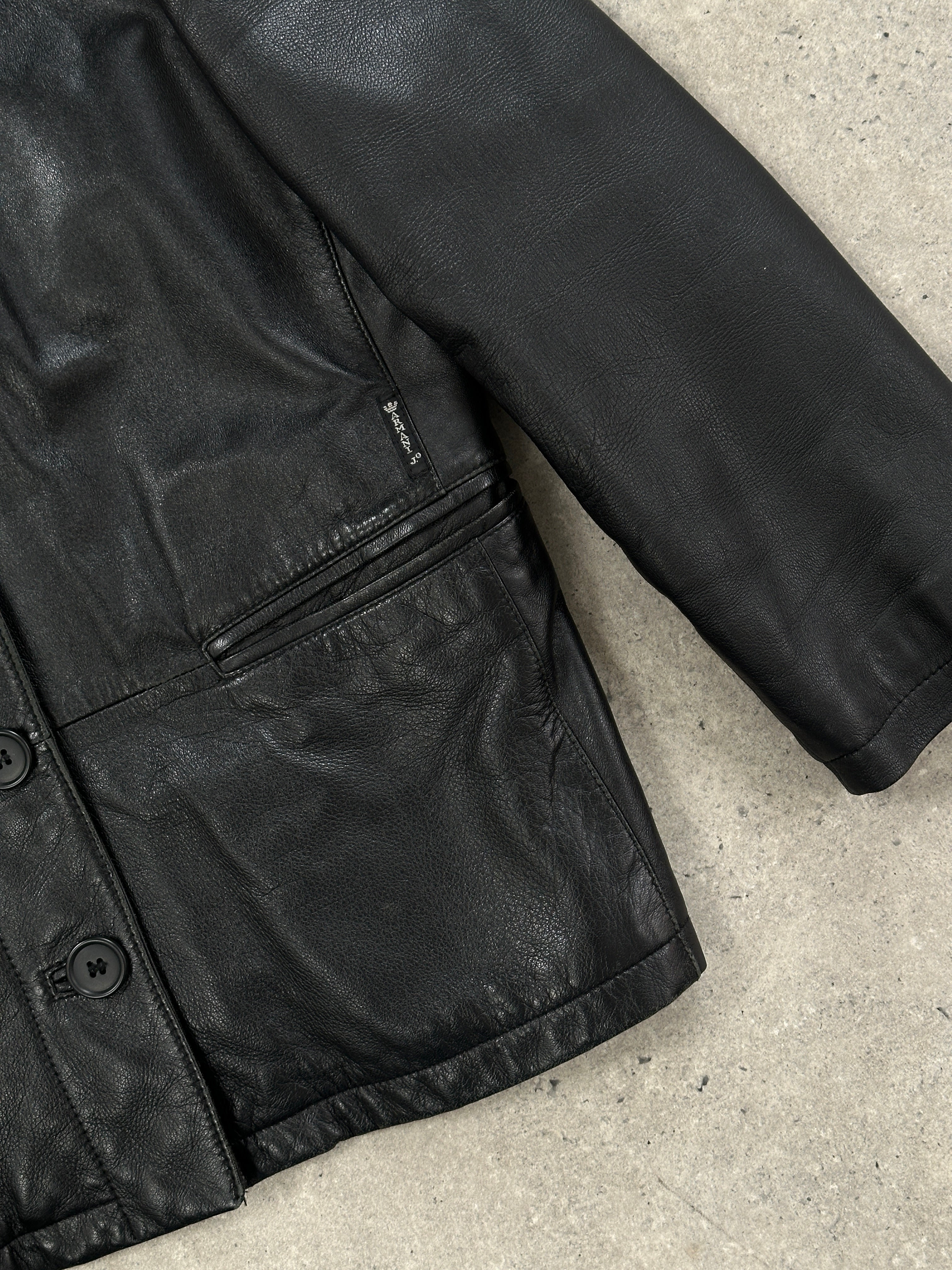 Armani Jeans black leather button-up jacket for men, featuring a stylish collar and classic design, size small.
