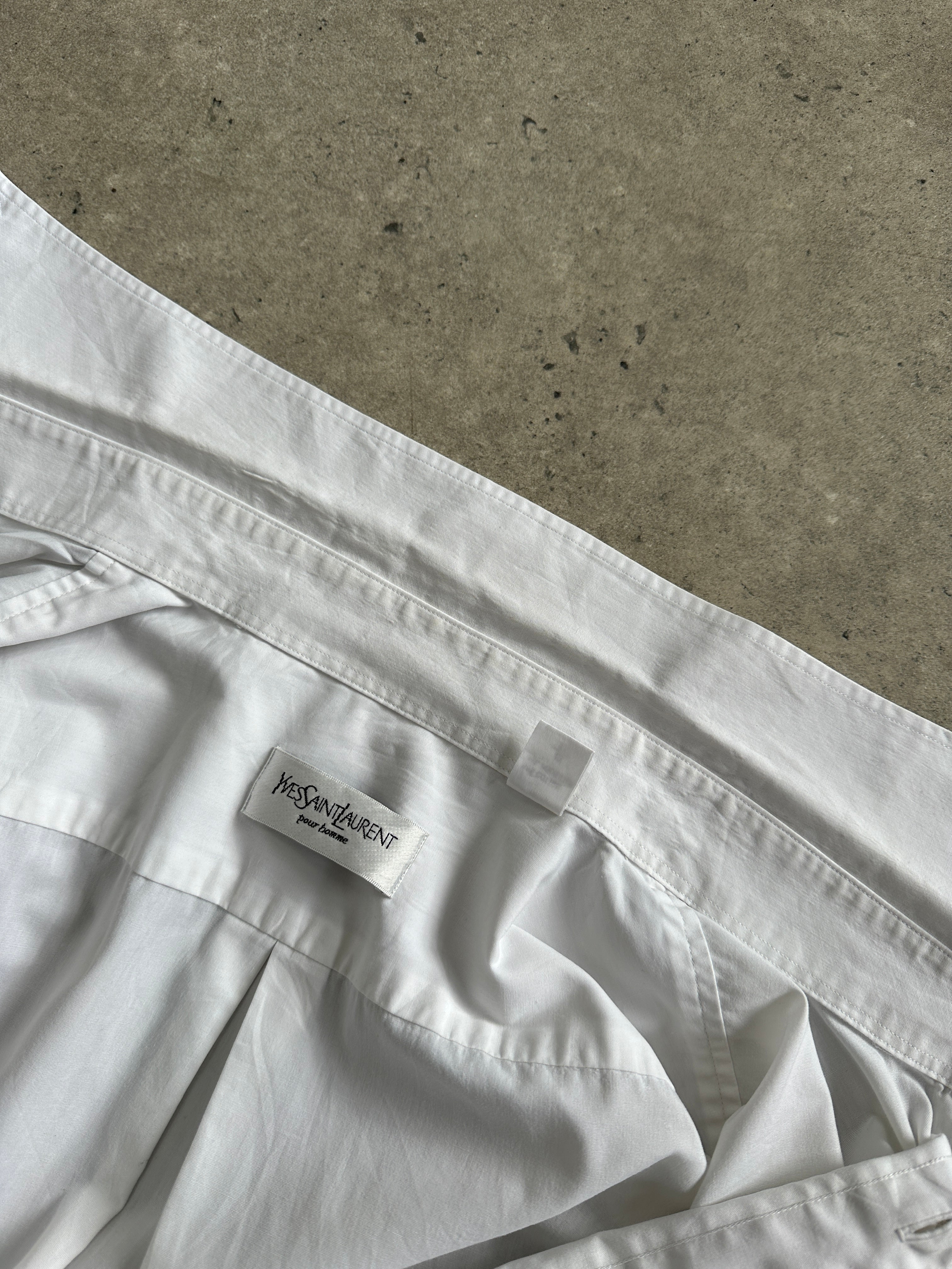 Yves Saint Laurent Pour Homme cotton logo shirt in XL, white with YSL branding on the front, casual men's shirt.