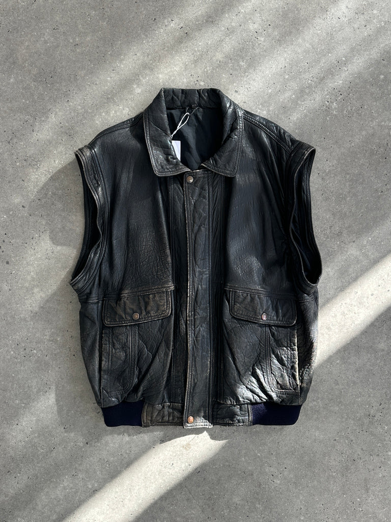 Vintage Distressed Leather Bomber Gilet Jacket - M/L - SYLK