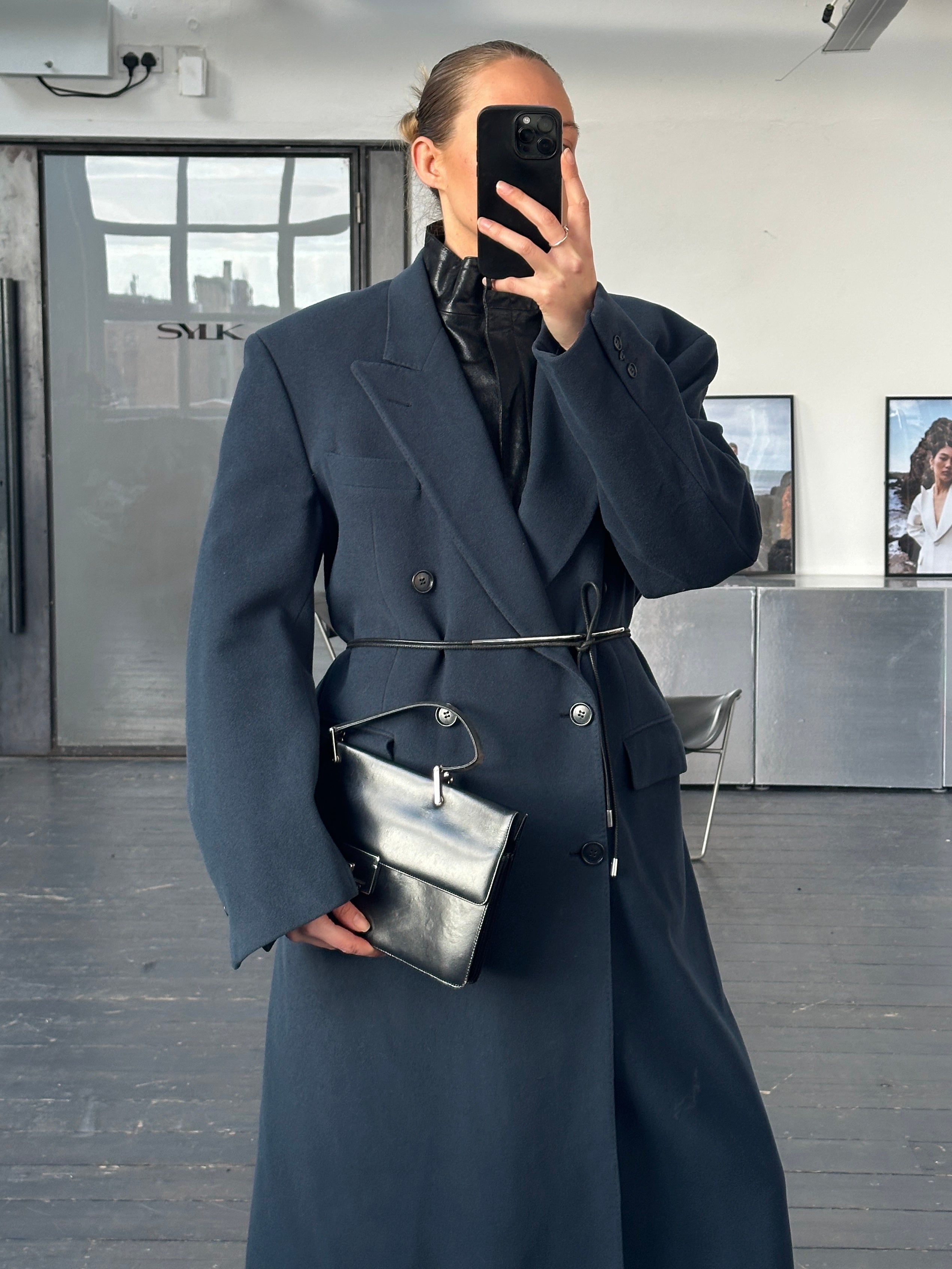 Moschino 1990s double-breasted wool coat in XL/XXL, showcasing classic design and tailored fit in a neutral color.