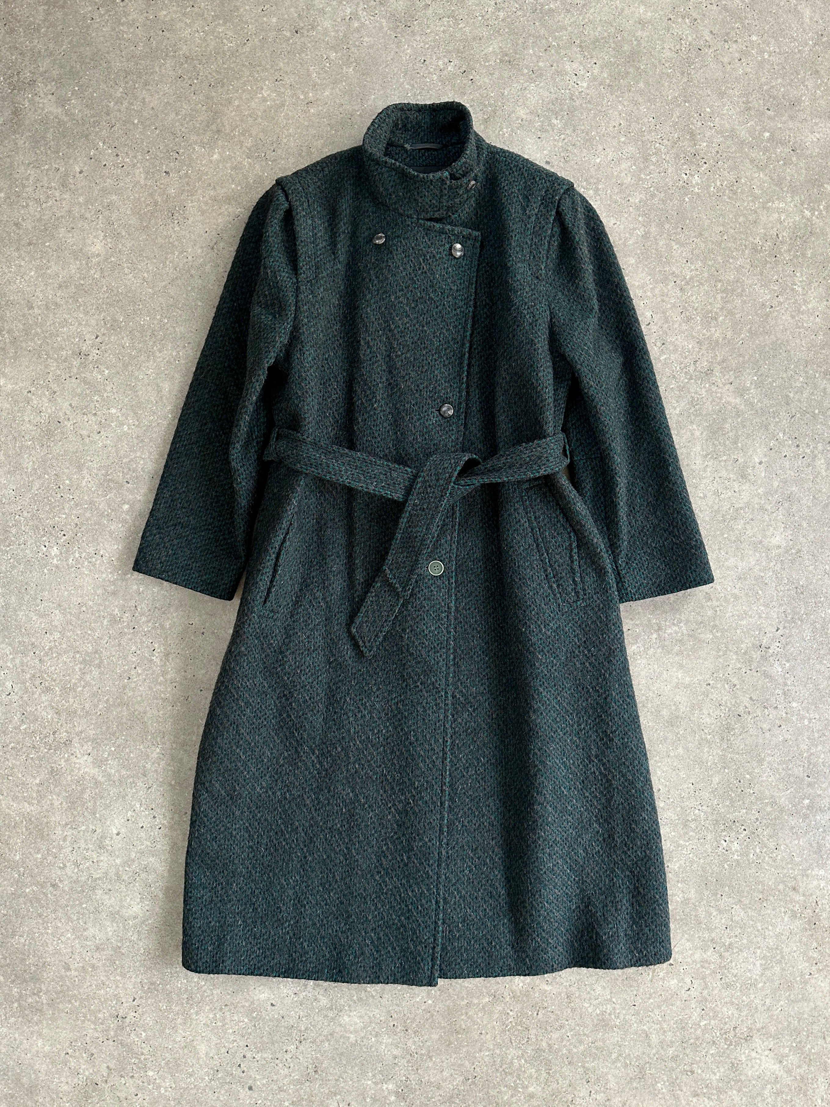 Vintage wool mohair belted floor-length coat in size L, featuring a classic design and textured fabric, suitable for cold weather.