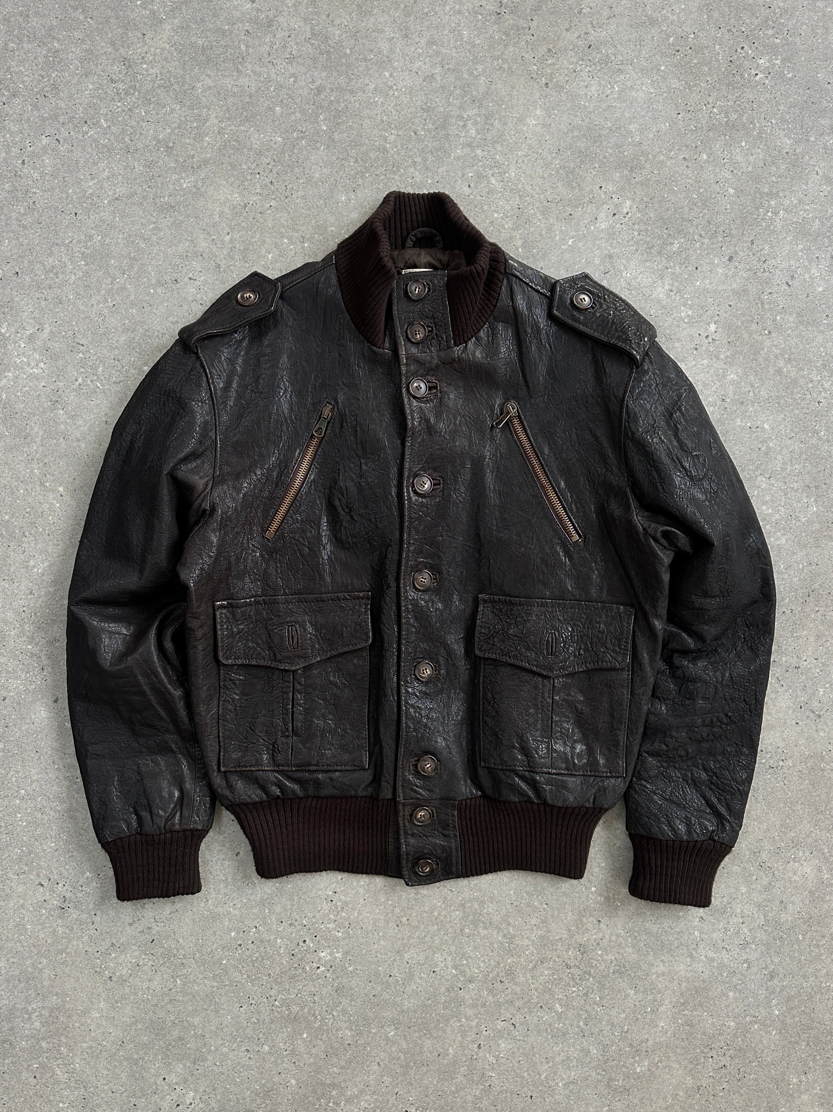 Vintage Italian leather bomber jacket with textured high neck design, 2000s style, in size large.