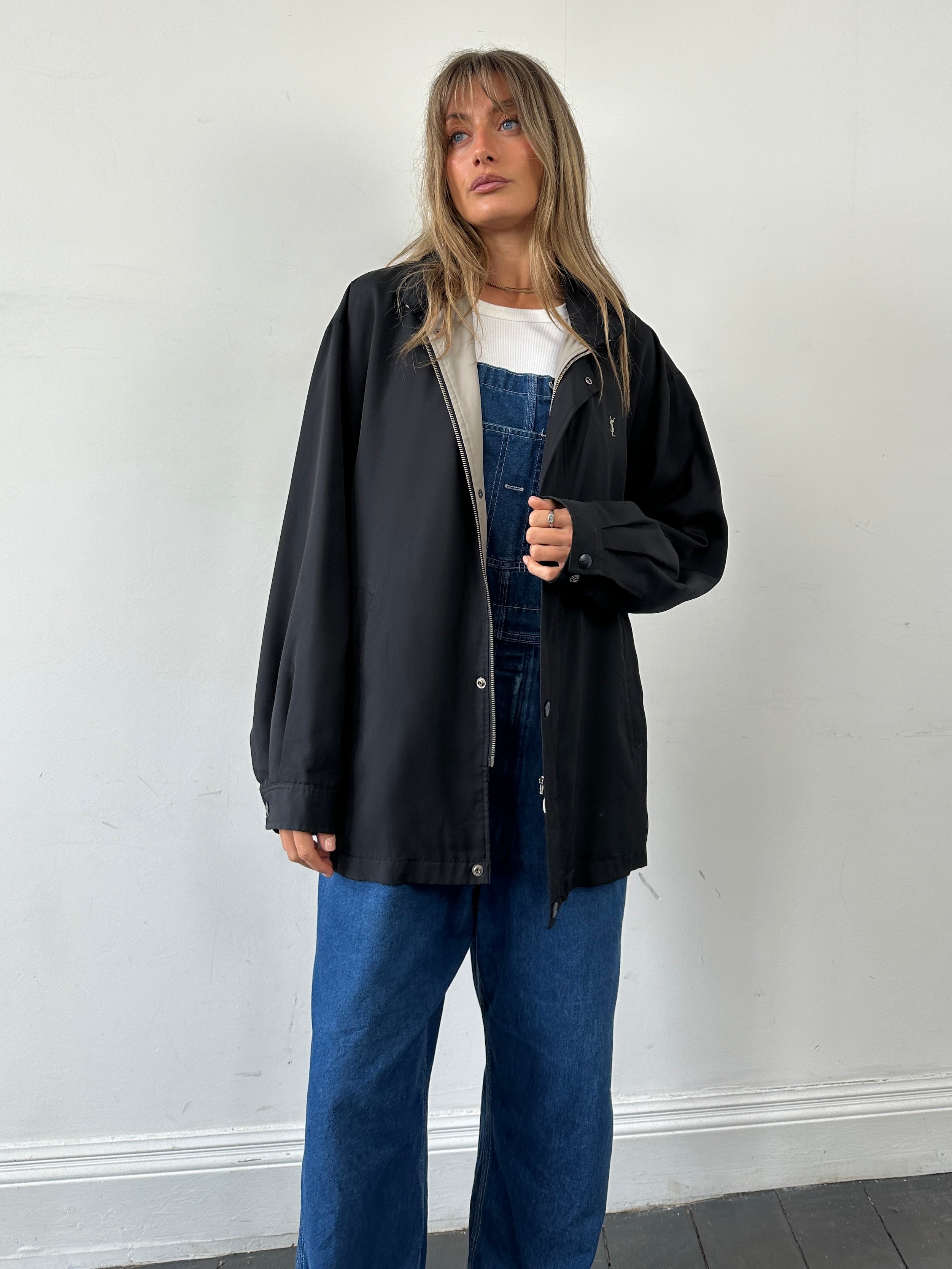 Yves Saint Laurent Pour Homme showerproof logo bomber jacket in XL/XXL, black with YSL branding, front view, casual style.