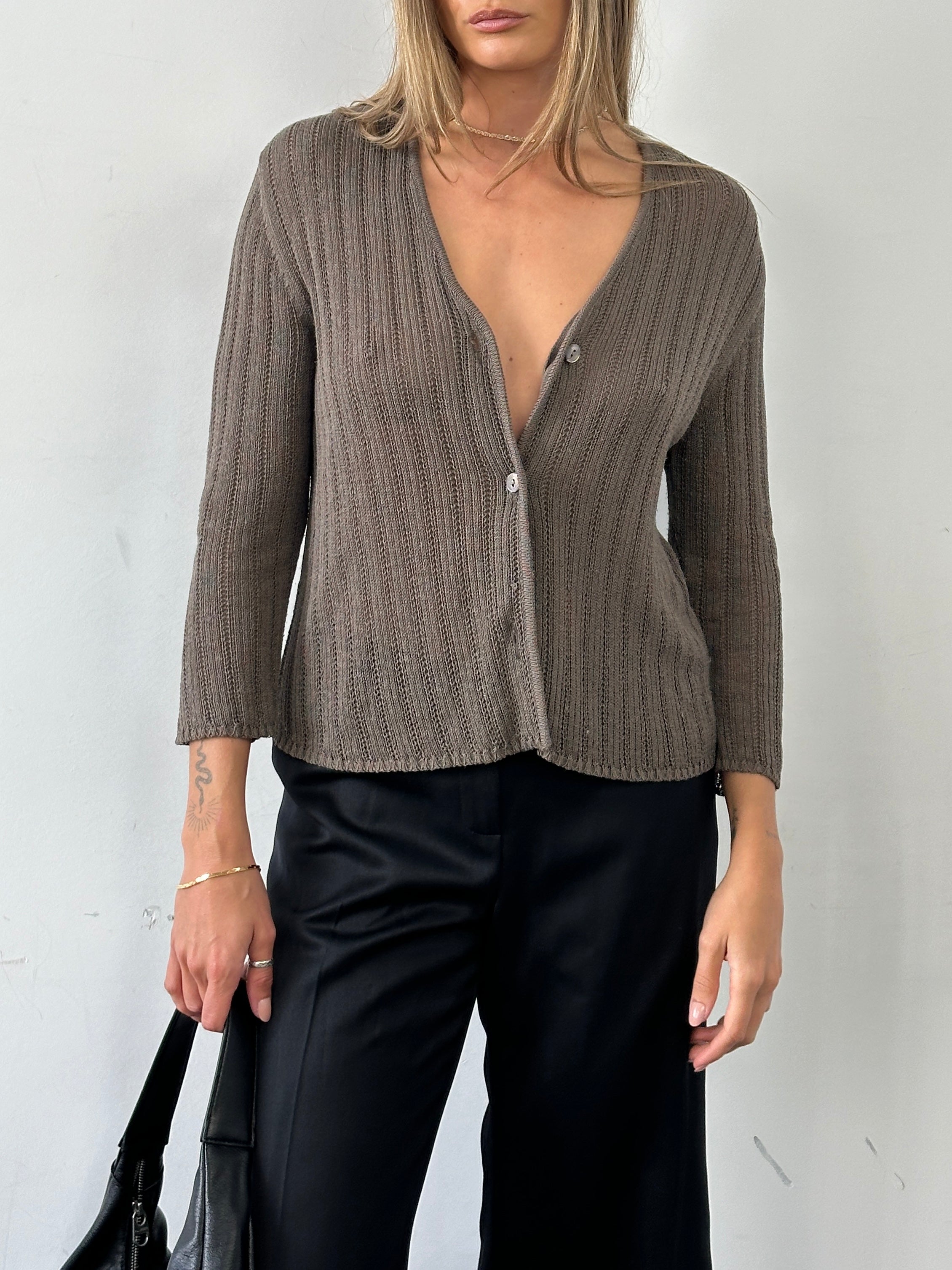 Max Mara knitted crochet cardigan in size M, featuring a textured knit pattern and classic open-front design.