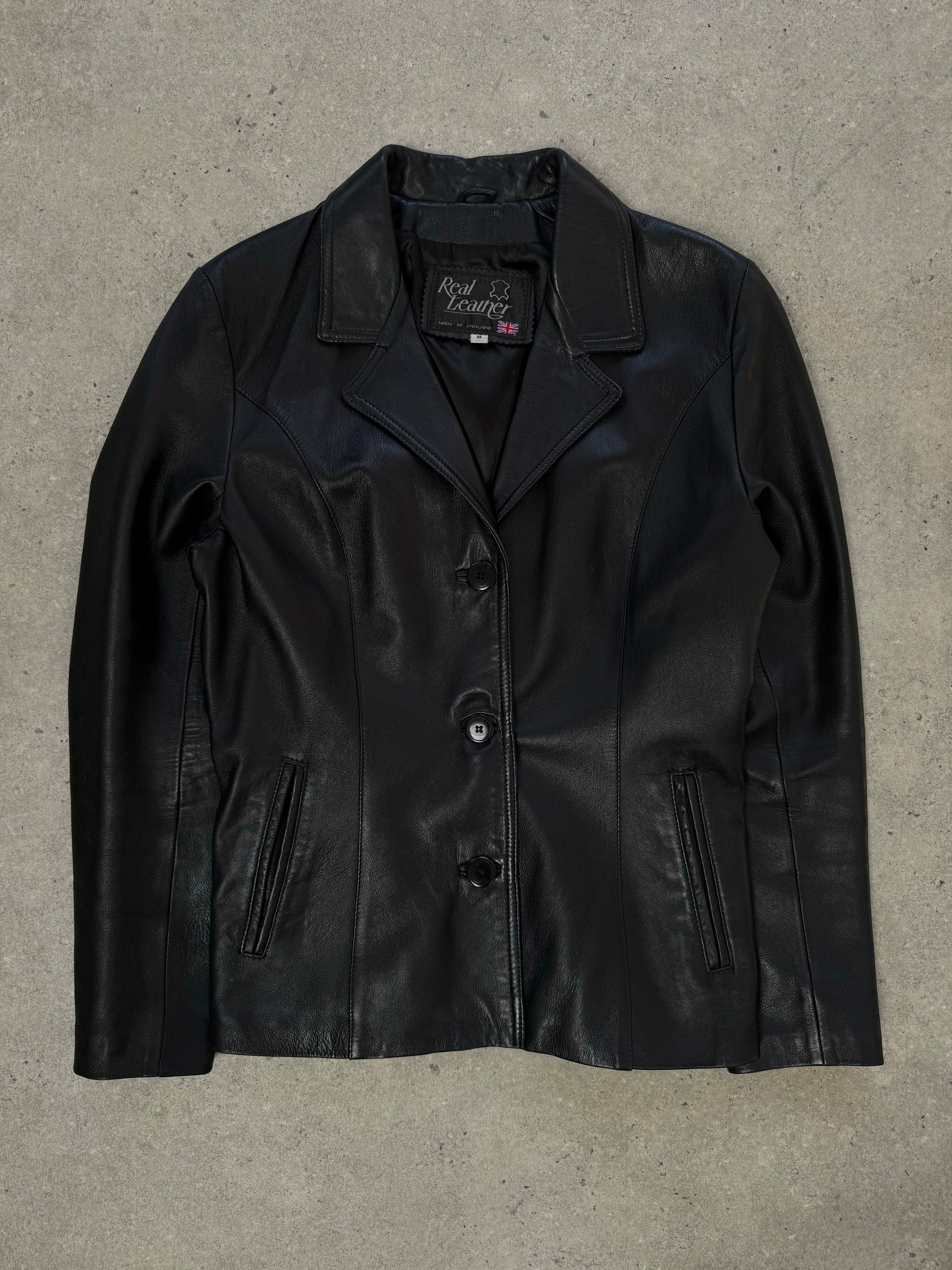 Vintage 1990s fitted leather jacket, stylish men's leather jacket with classic design and genuine leather material.
