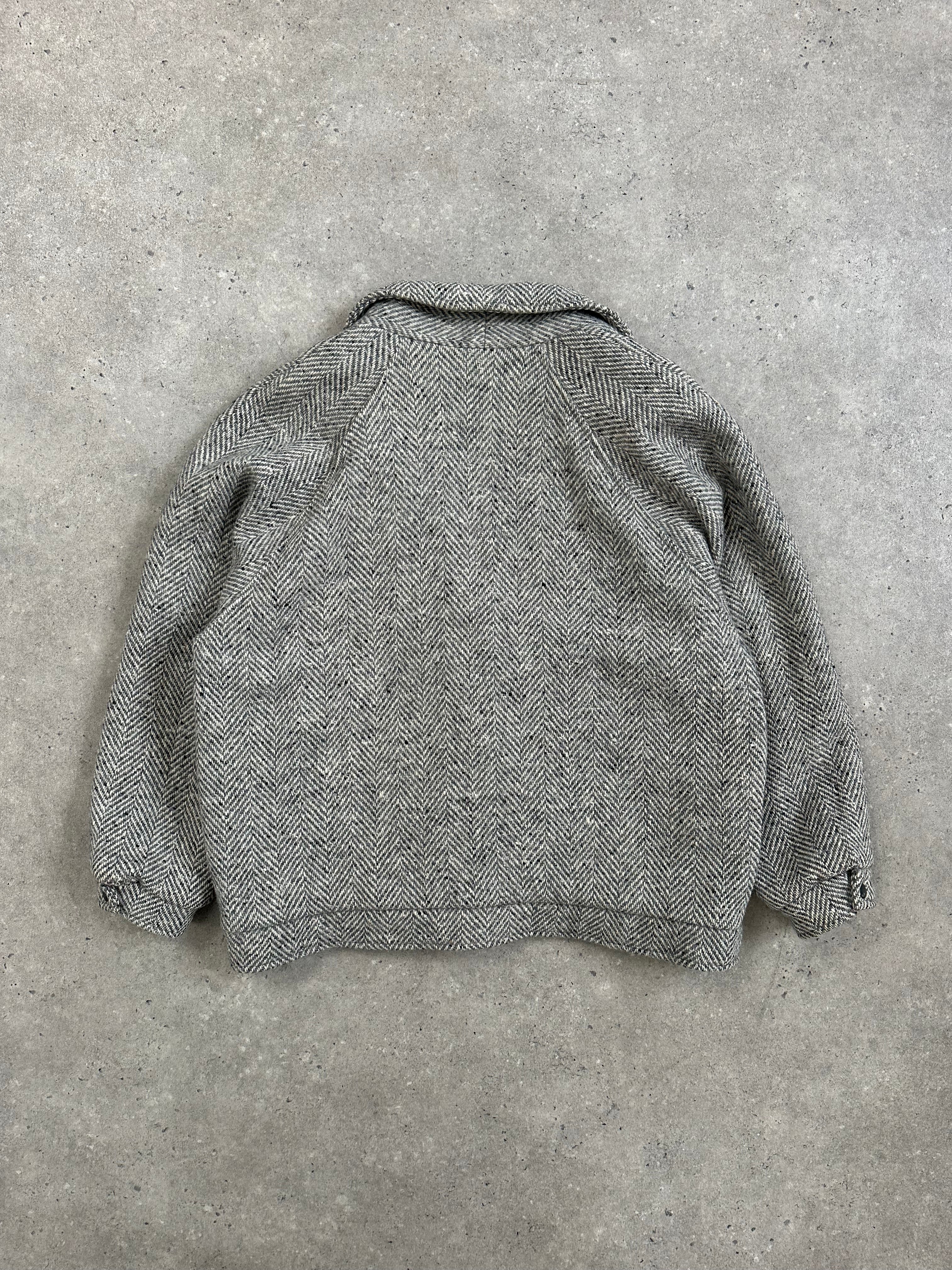 Vintage British 1980s pure wool herringbone bomber jacket, size M/L, with classic collar and button details.