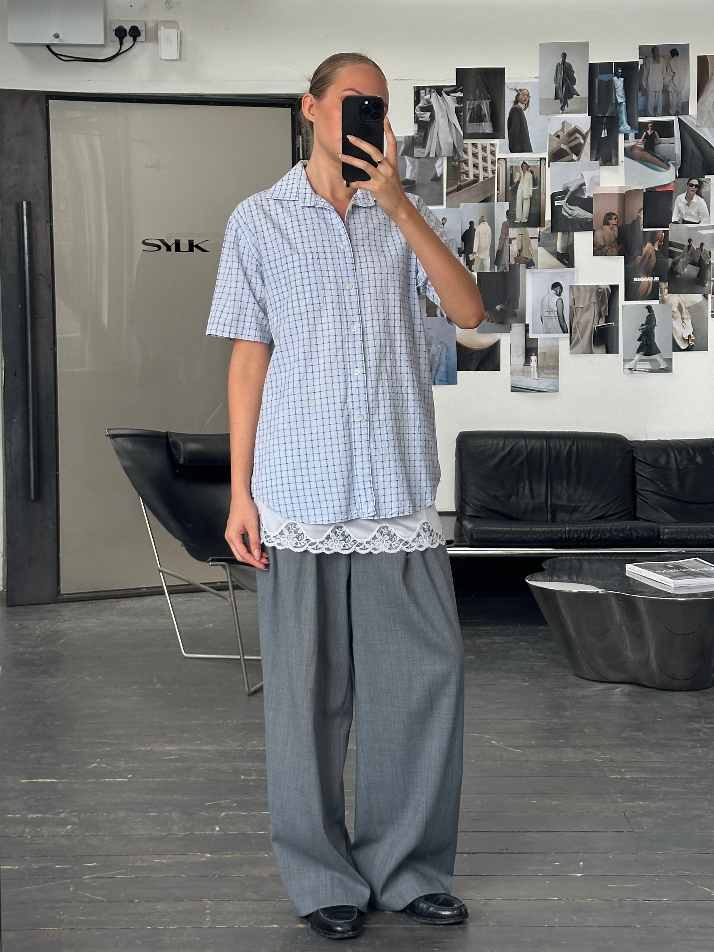 Yves Saint Laurent Pour Homme check short sleeve cotton shirt in size L with logo detail, classic 2000s men's fashion.