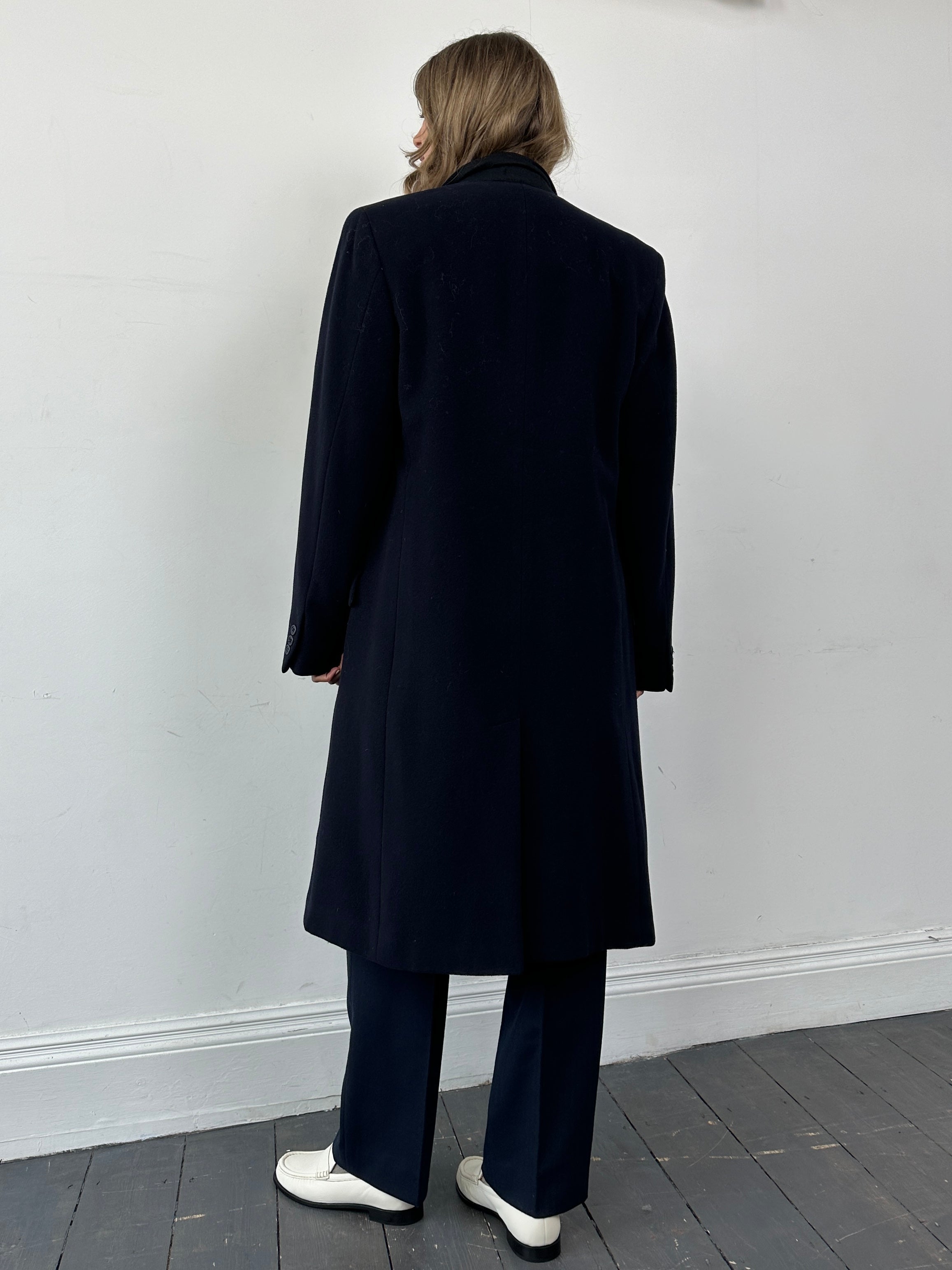 Giorgio Armani pure wool double-breasted coat in size L, featuring classic lapels and tailored fit, displayed on a neutral background.