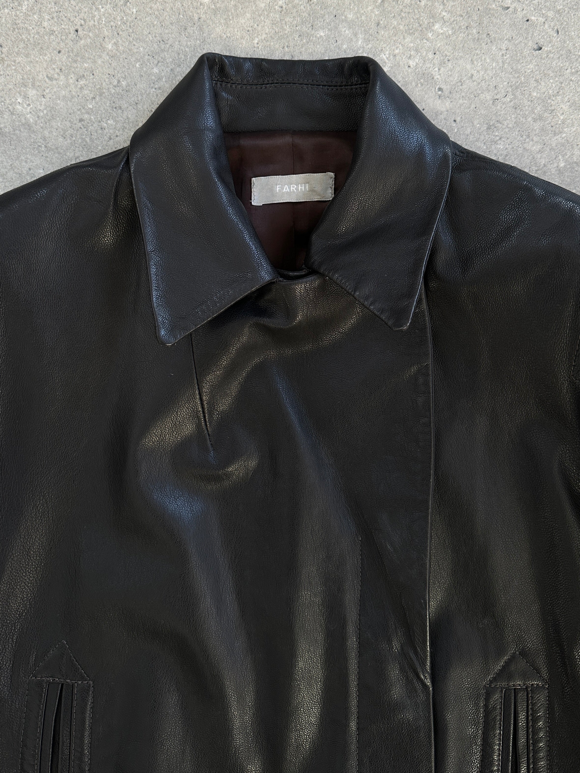 Nicole Farhi 1990s leather jacket in size S, featuring black leather with classic design and detailed stitching.