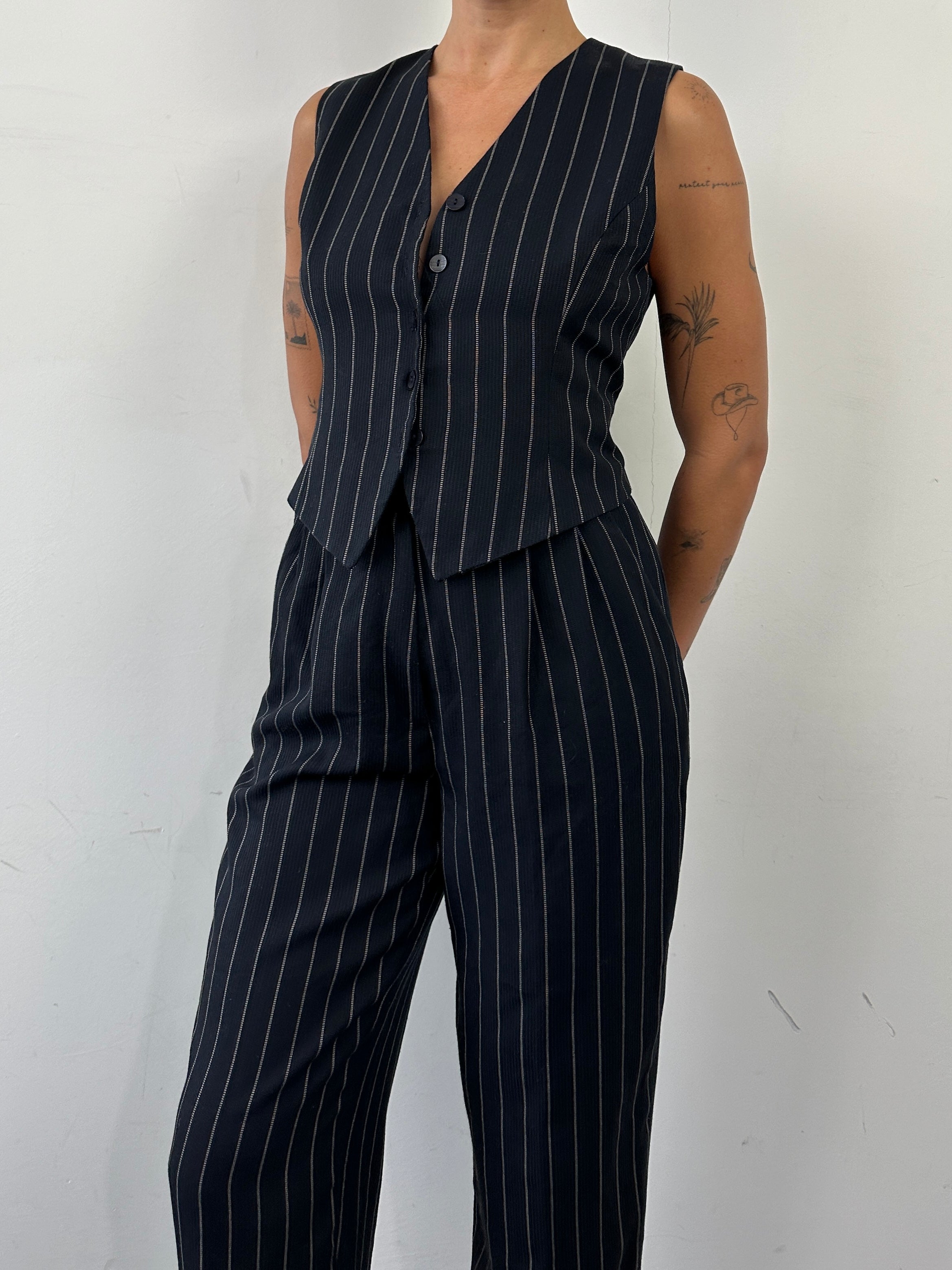Vintage British vintage pinstripe two-piece waistcoat and trouser set, stylish formal suit for men, size M.