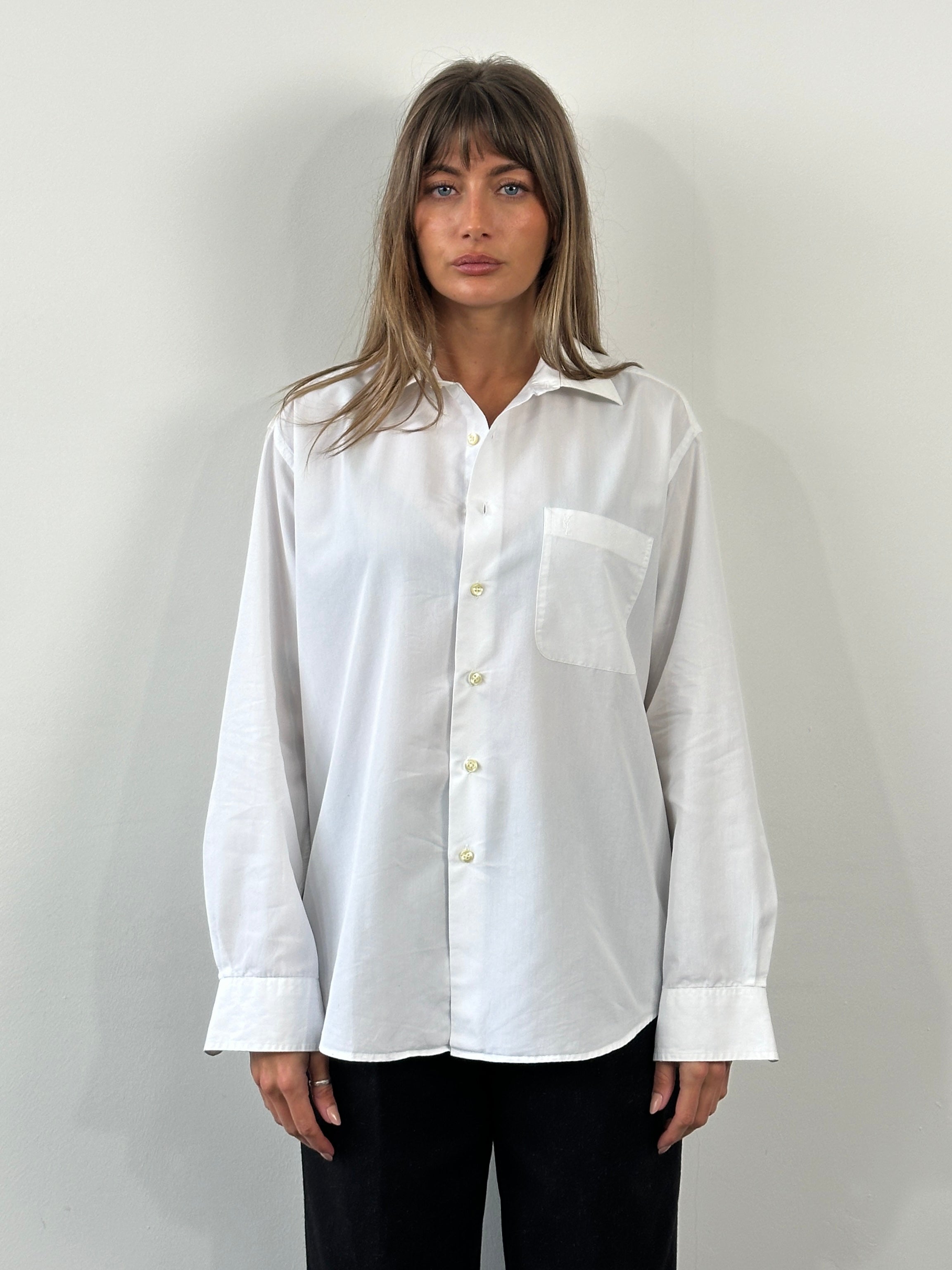 Yves Saint Laurent Pour Homme 1990s cotton logo shirt in size M/L, featuring classic branding and a casual fit.