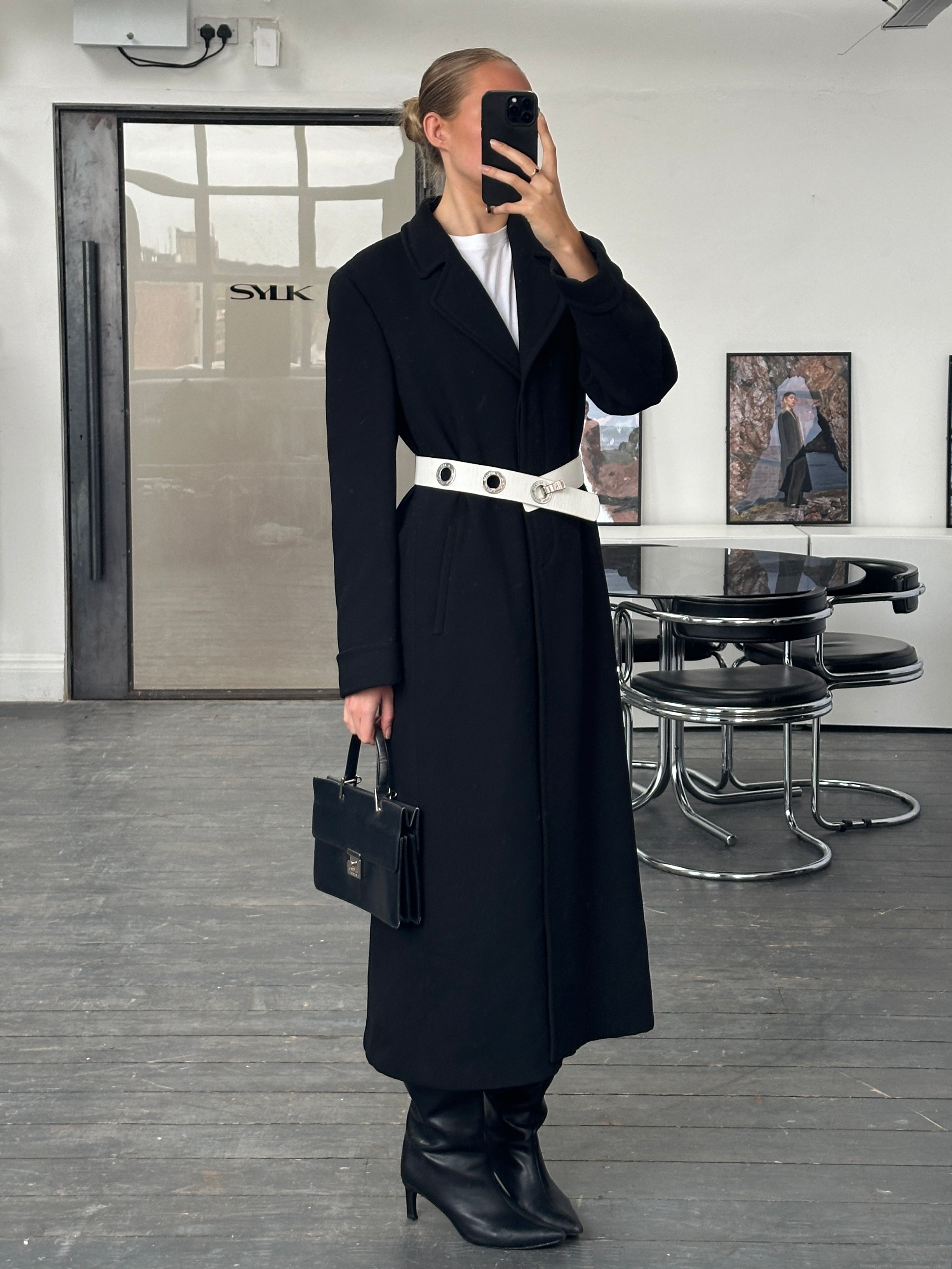 Giorgio Armani 1990s pure wool floor-length coat in classic design, beige color, tailored fit, and elegant style.