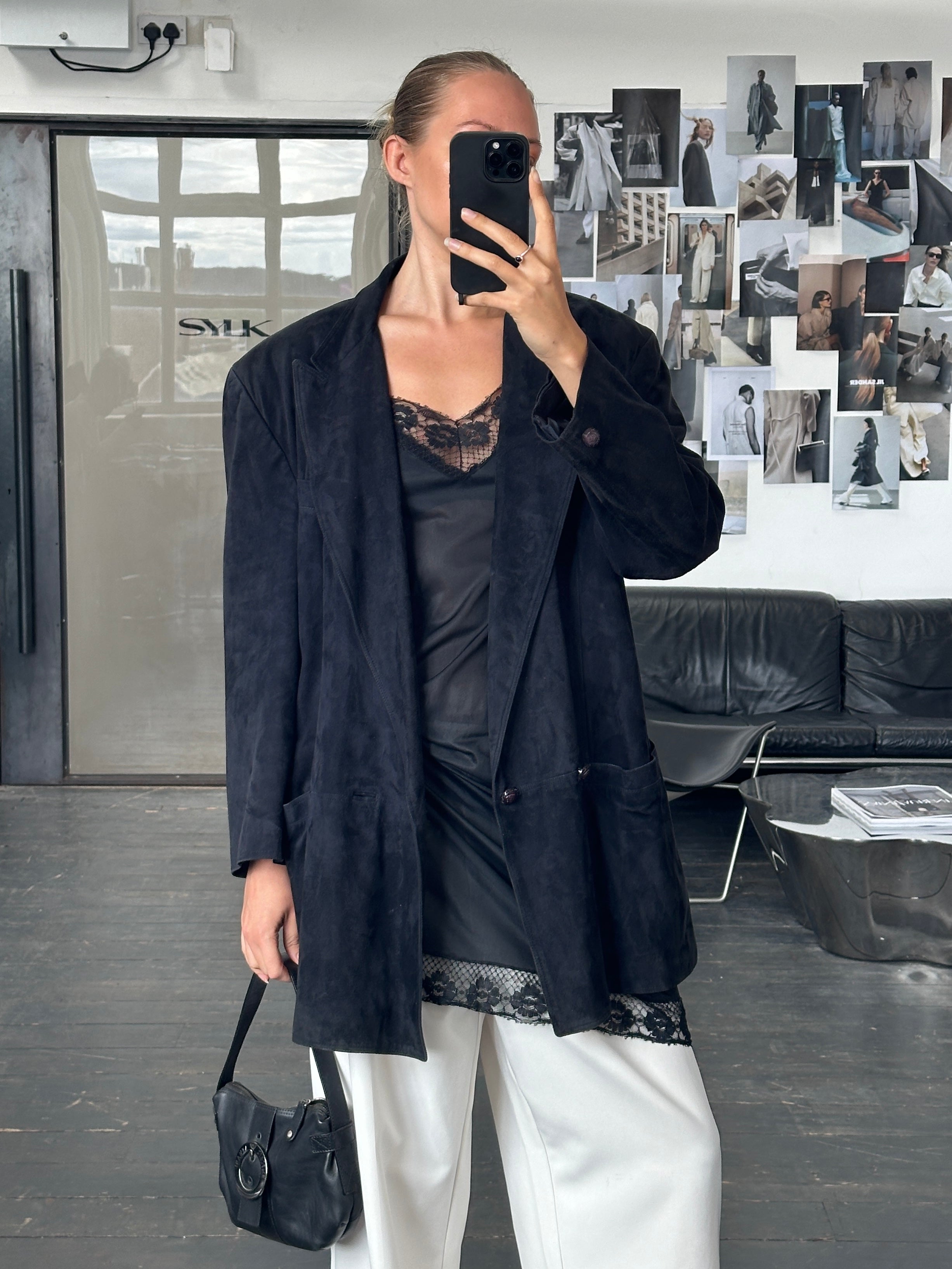 Versace 1990s suede double-breasted leather jacket in XL with classic design and elegant craftsmanship.