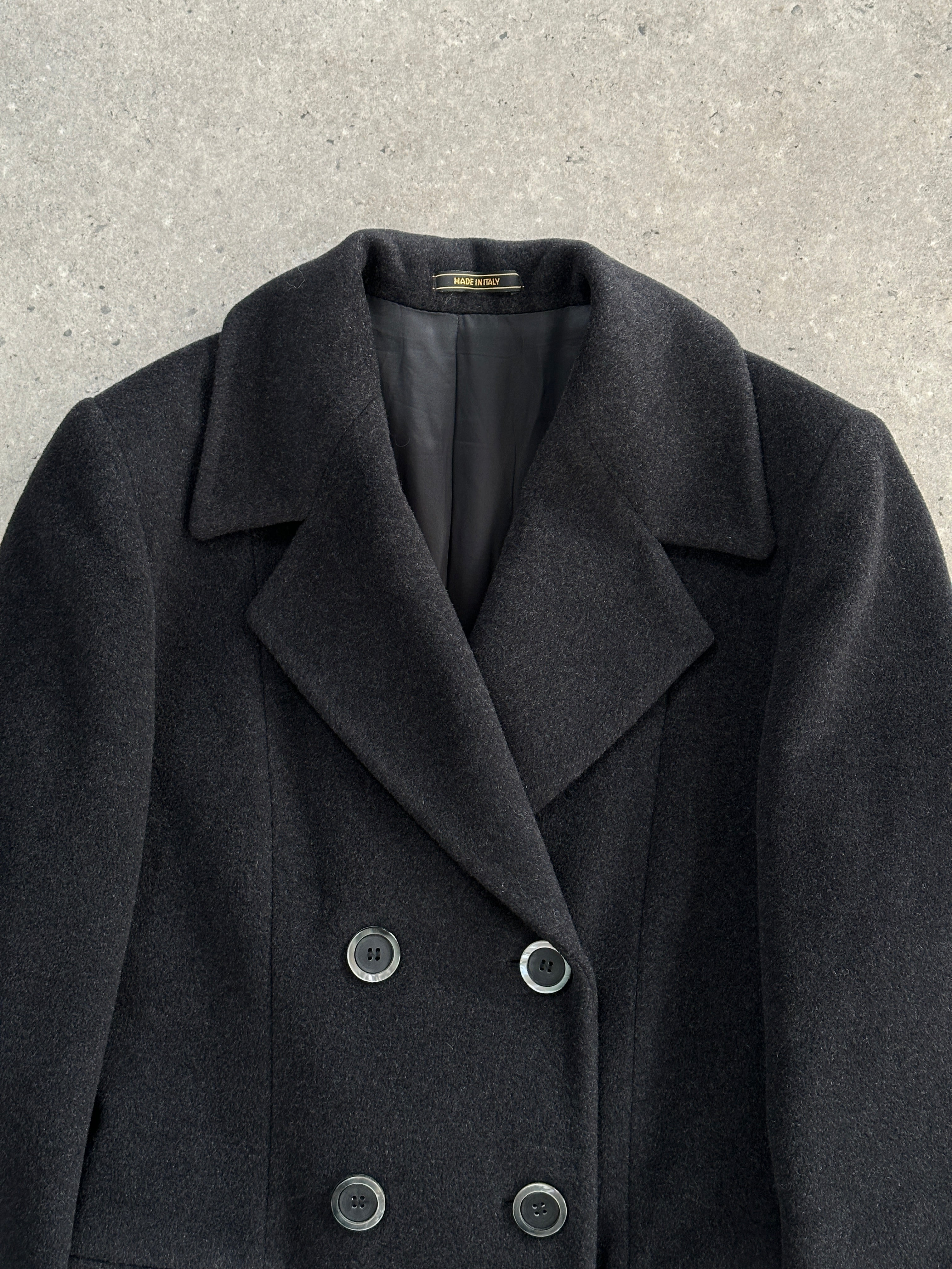 Vintage Italian vintage pure wool double-breasted floor-length coat in medium size, showcasing classic design and warm wool fabric.