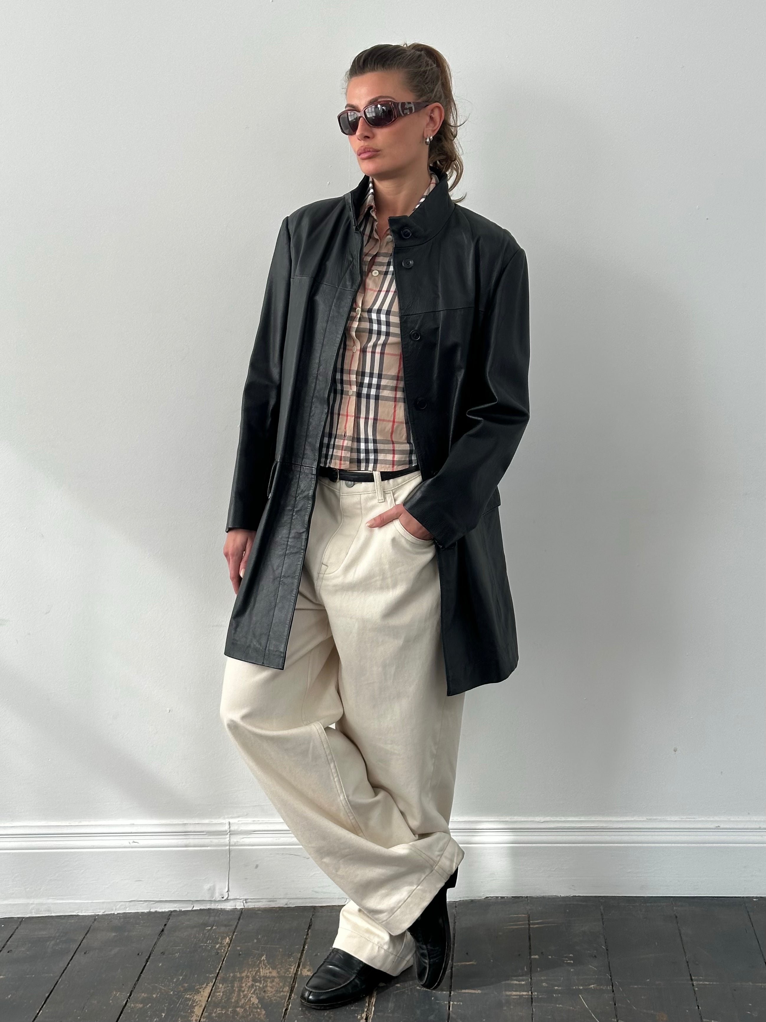Vintage 1990s Collarless Leather Trench Coat - L/XL