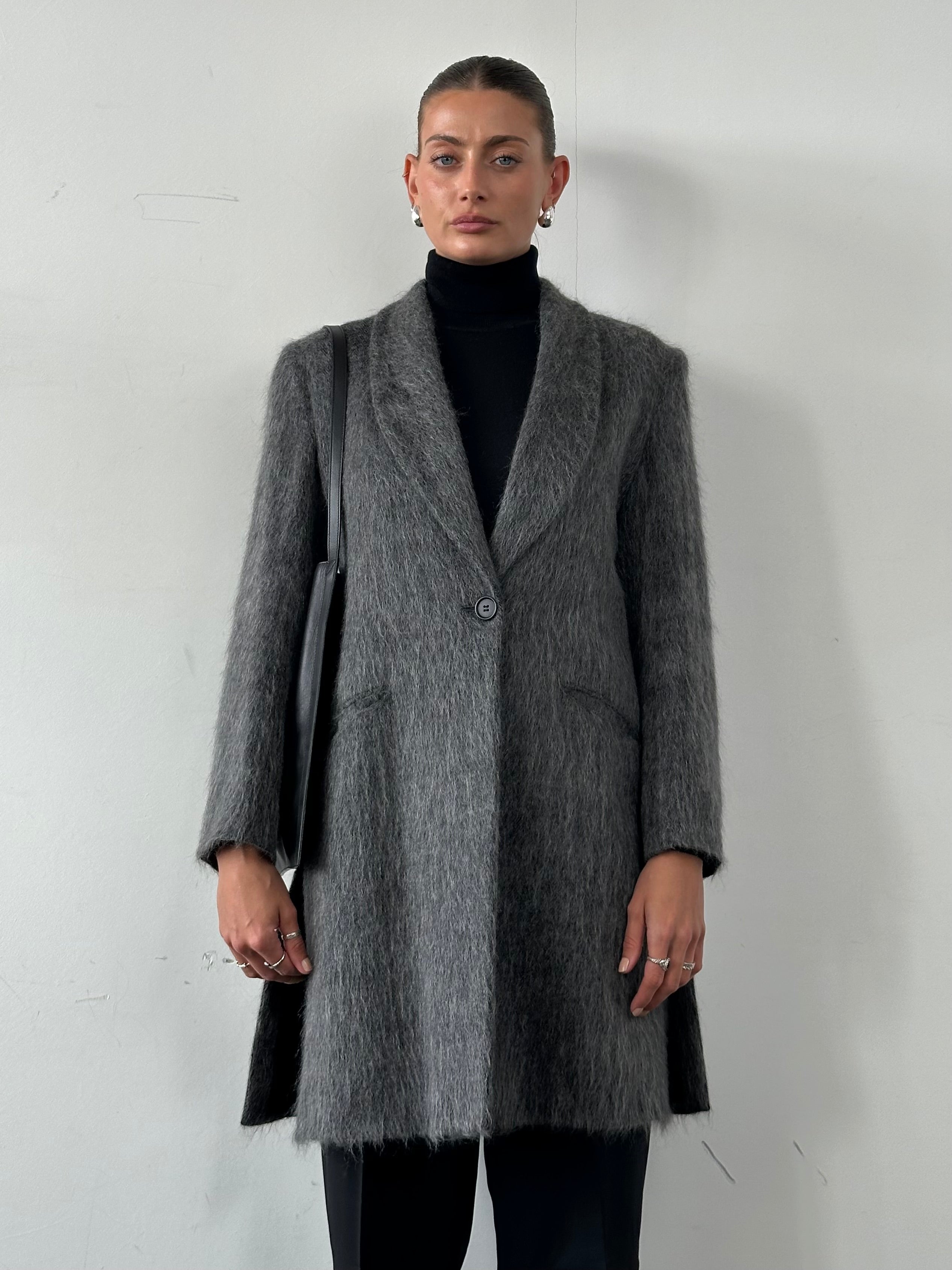 Emporio Armani fuzzy wool mohair single-breasted coat in size M, featuring a classic design and textured fabric.