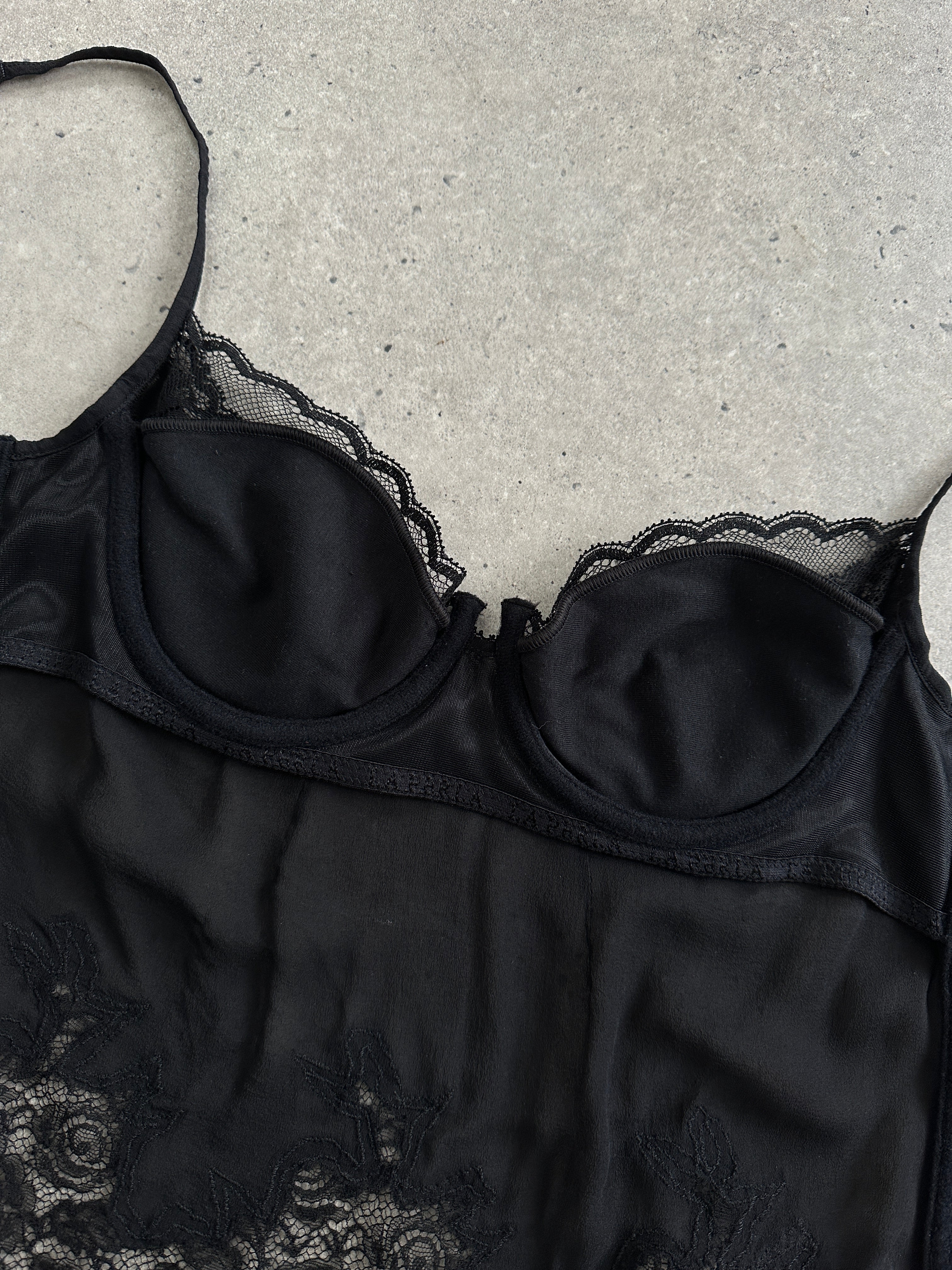 La Perla silk lace lingerie top in black, S/M, featuring delicate lace details and a soft, luxurious silk fabric.