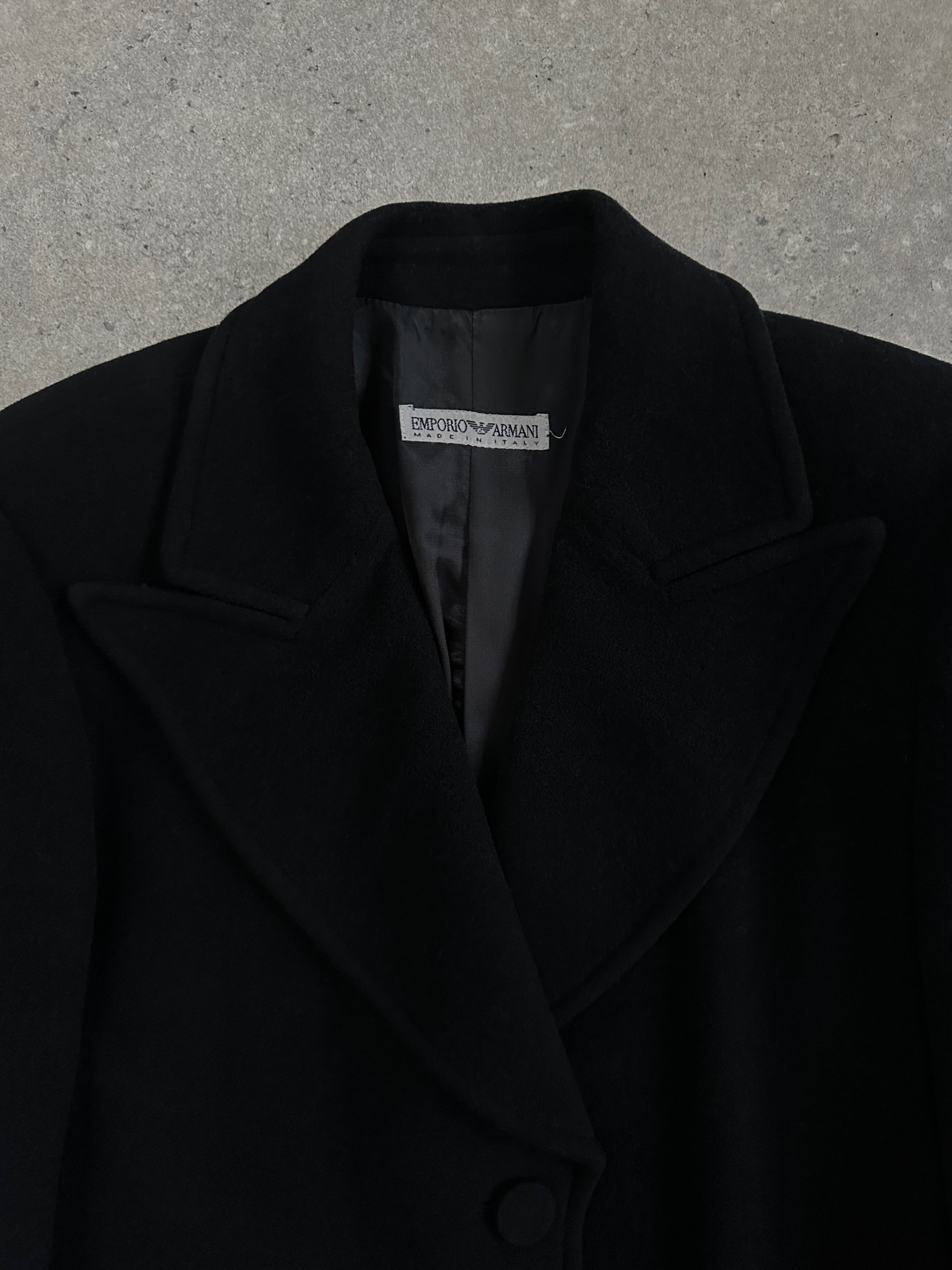 Emporio Armani 1990s wool camel coat in size S/M, stylish long coat featuring classic design and high-quality fabric.