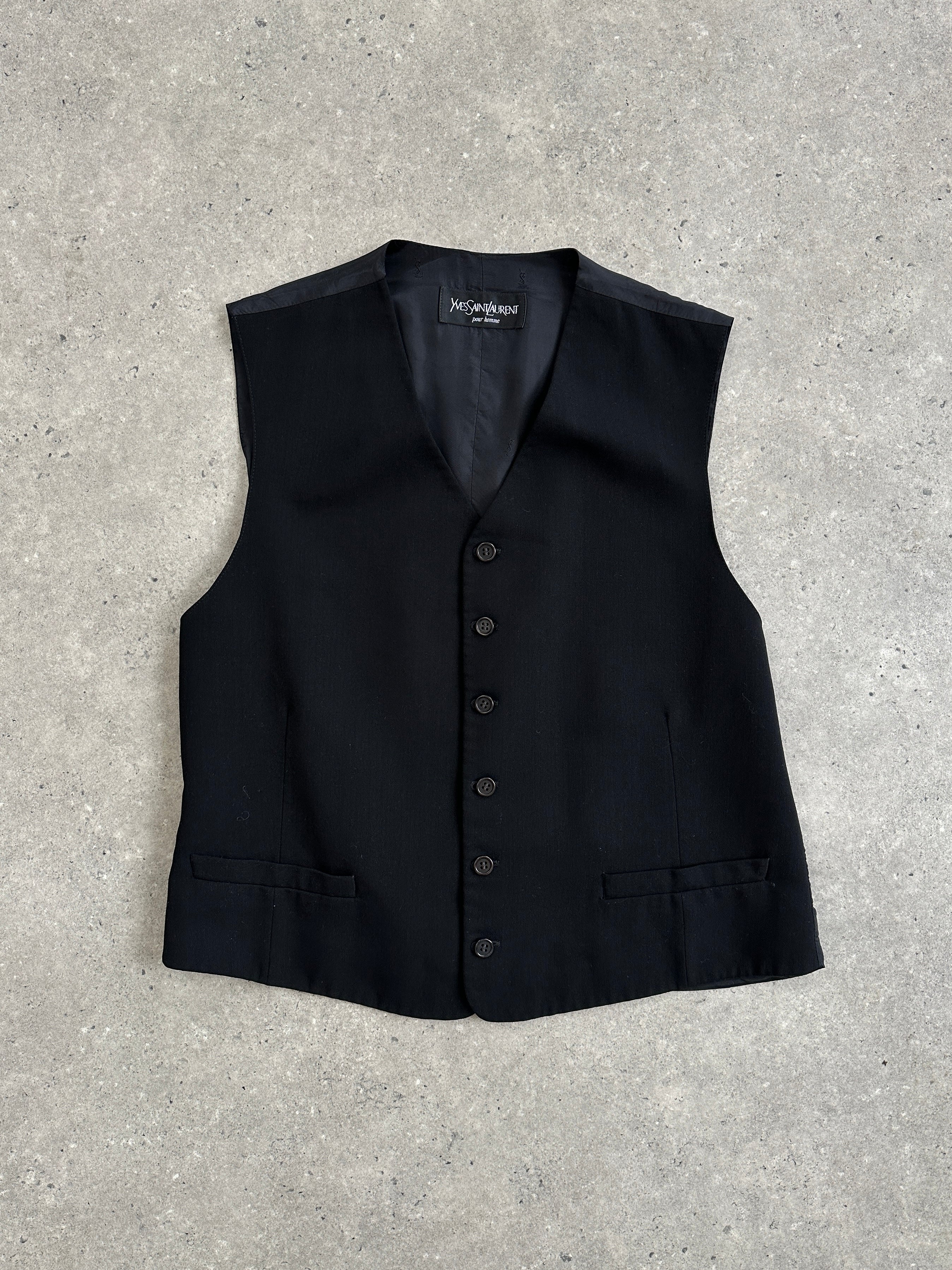 Yves Saint Laurent Pour Homme pure wool tailored waistcoat in size 42R/L, navy blue, with a classic fit and button front design.