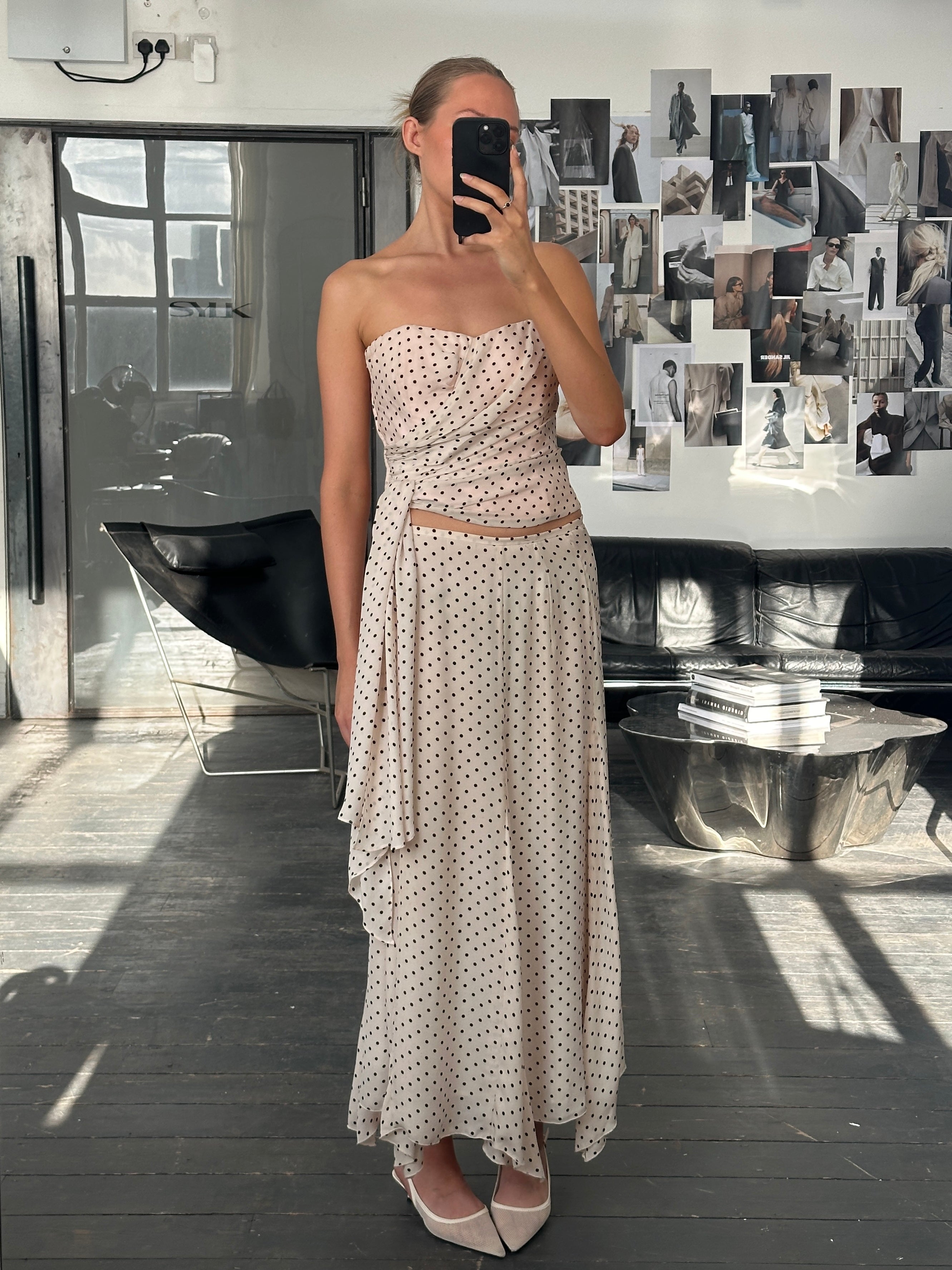 Jaeger 2000s Pure Silk Polkadot Two Piece Skirt Top Set - L/W28 - SYLK