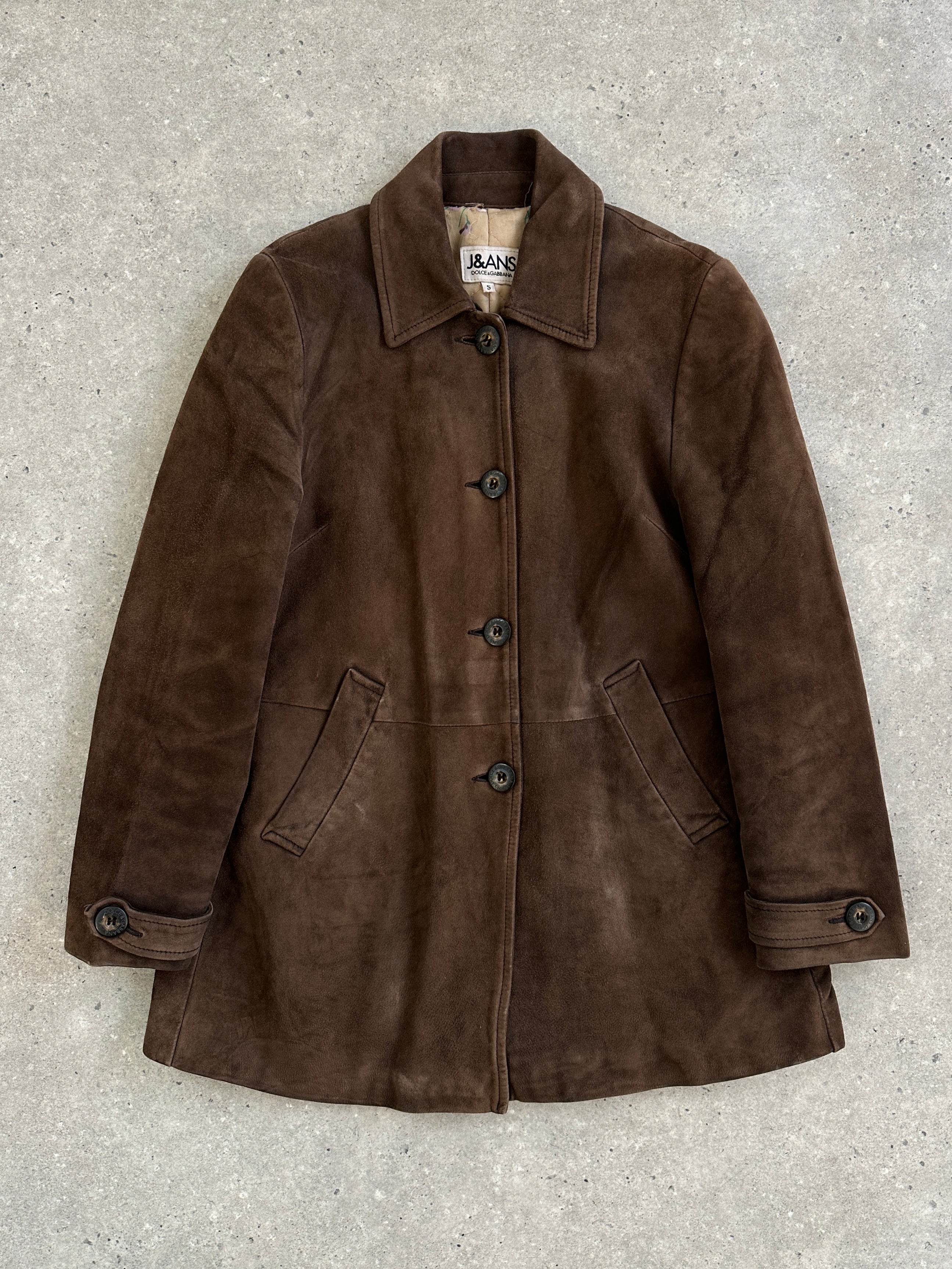 Dolce & Gabbana 1990s suede leather jacket in size S with classic design and rich texture, front view showing collar and zip details.