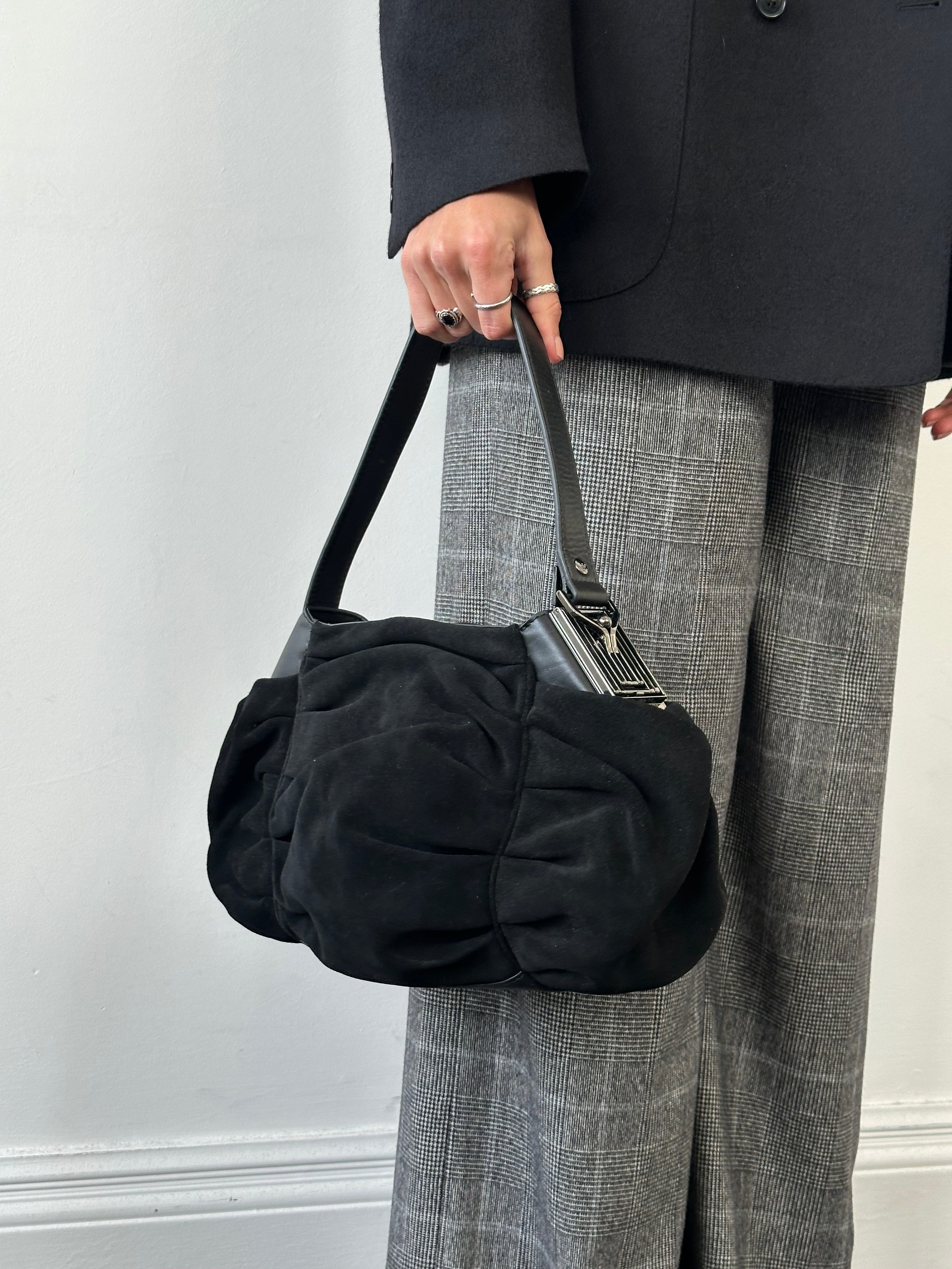 Armani Jeans suede ruched shoulder bag with adjustable strap and elegant design, perfect for stylish everyday use.