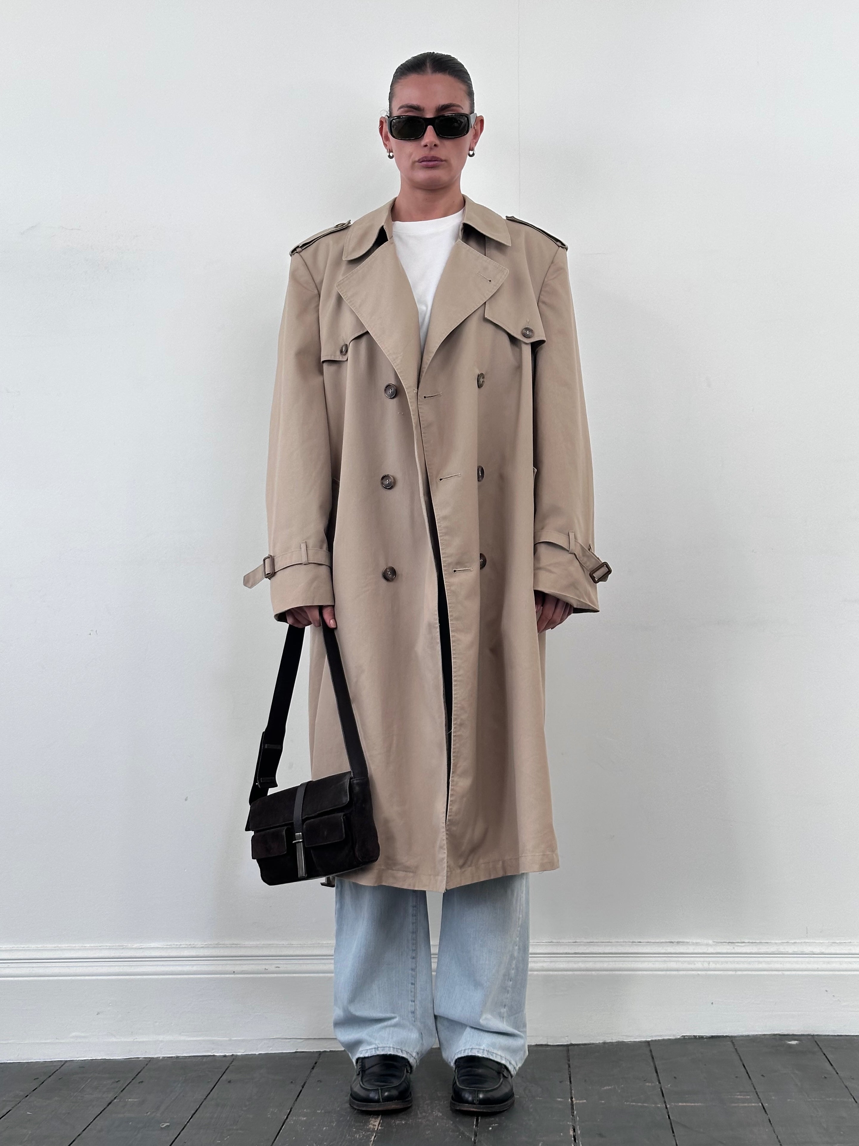Christian Dior Monsieur cotton double-breasted belted trench coat in XL, showing classic beige fabric and stylish design details.