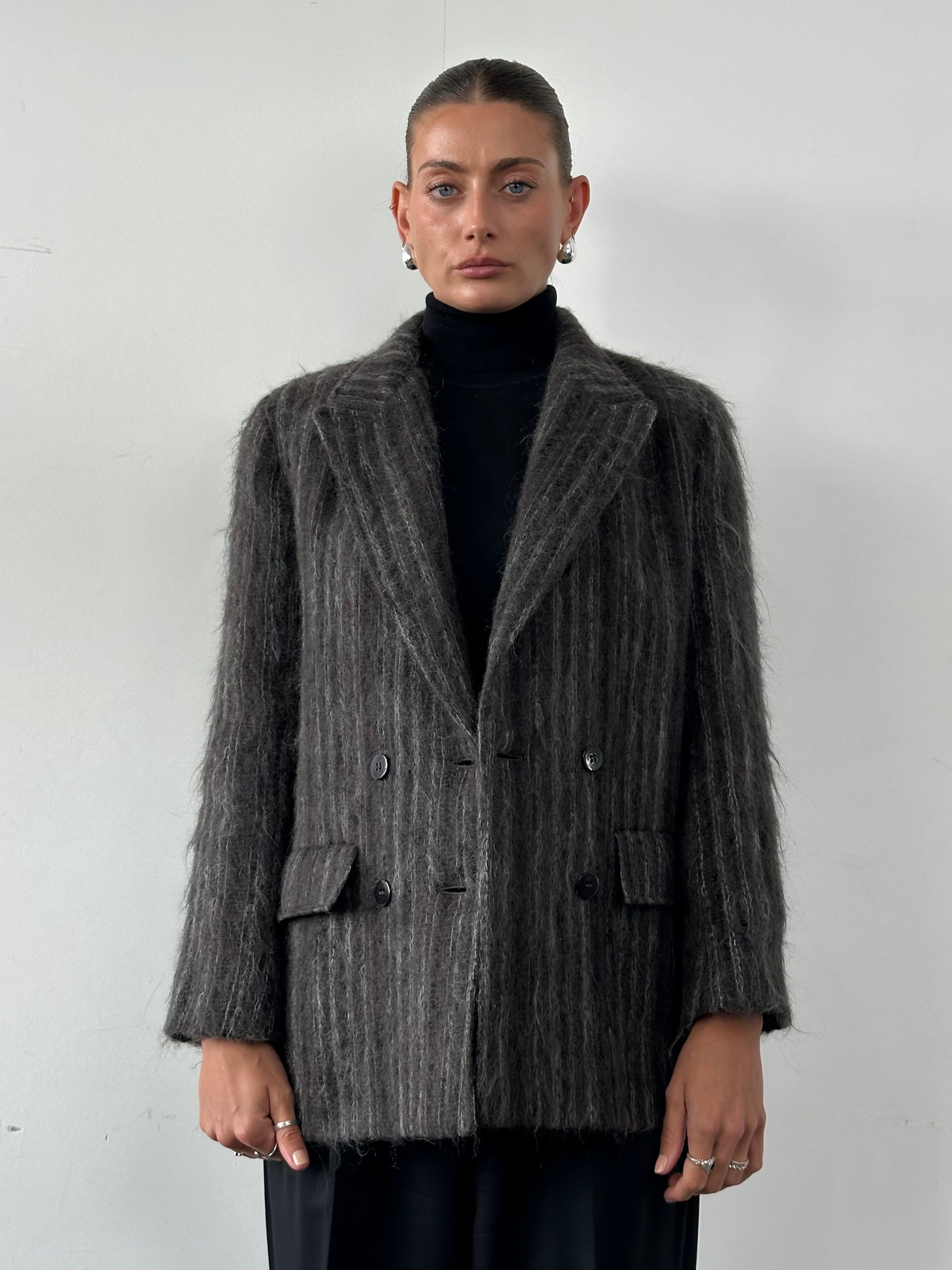 Jaeger mohair fuzzy stripe double-breasted coat in size M, featuring a cozy textured fabric and stylish design.