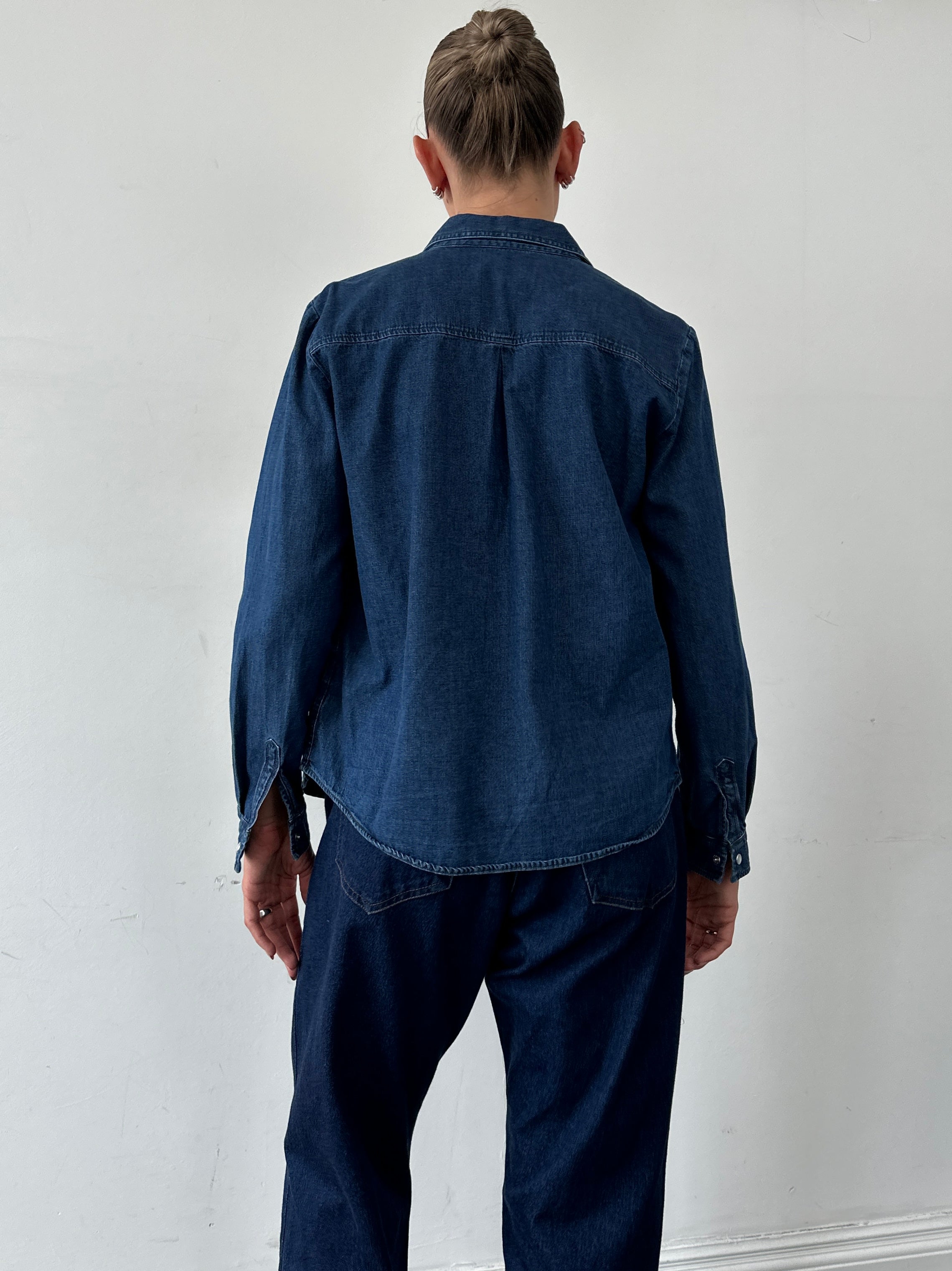 MAX & Co pure cotton denim shirt in size S/M, showcasing classic button-up style with a collar and long sleeves.