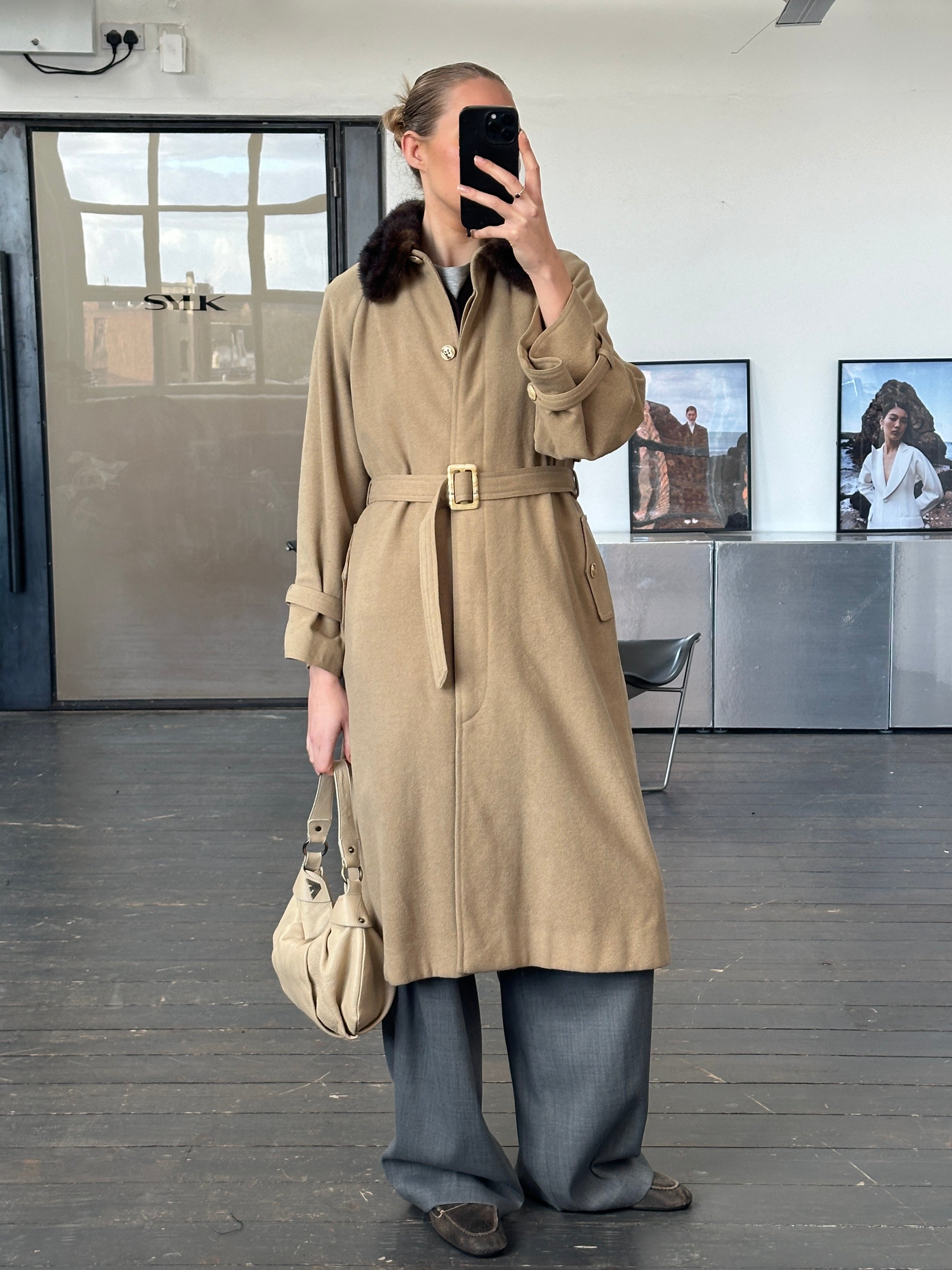 Vintage 1980s wool double-faced fur collar belted coat, size small, featuring classic design and textured wool fabric.