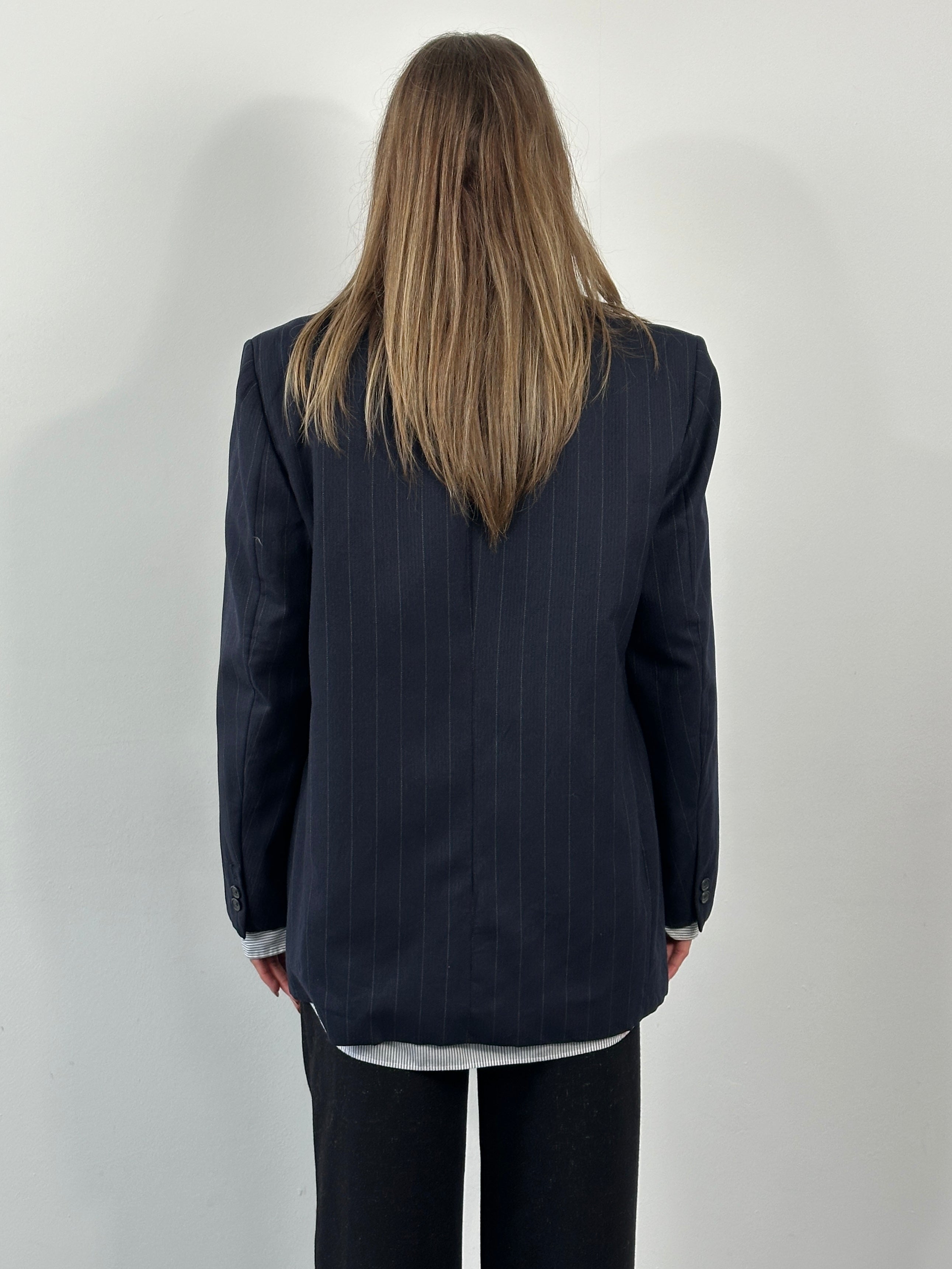 Christian Dior Le Connaisseur 1980s pure wool stripe blazer, 41R/L, featuring classic tailored fit and bold vertical stripes.