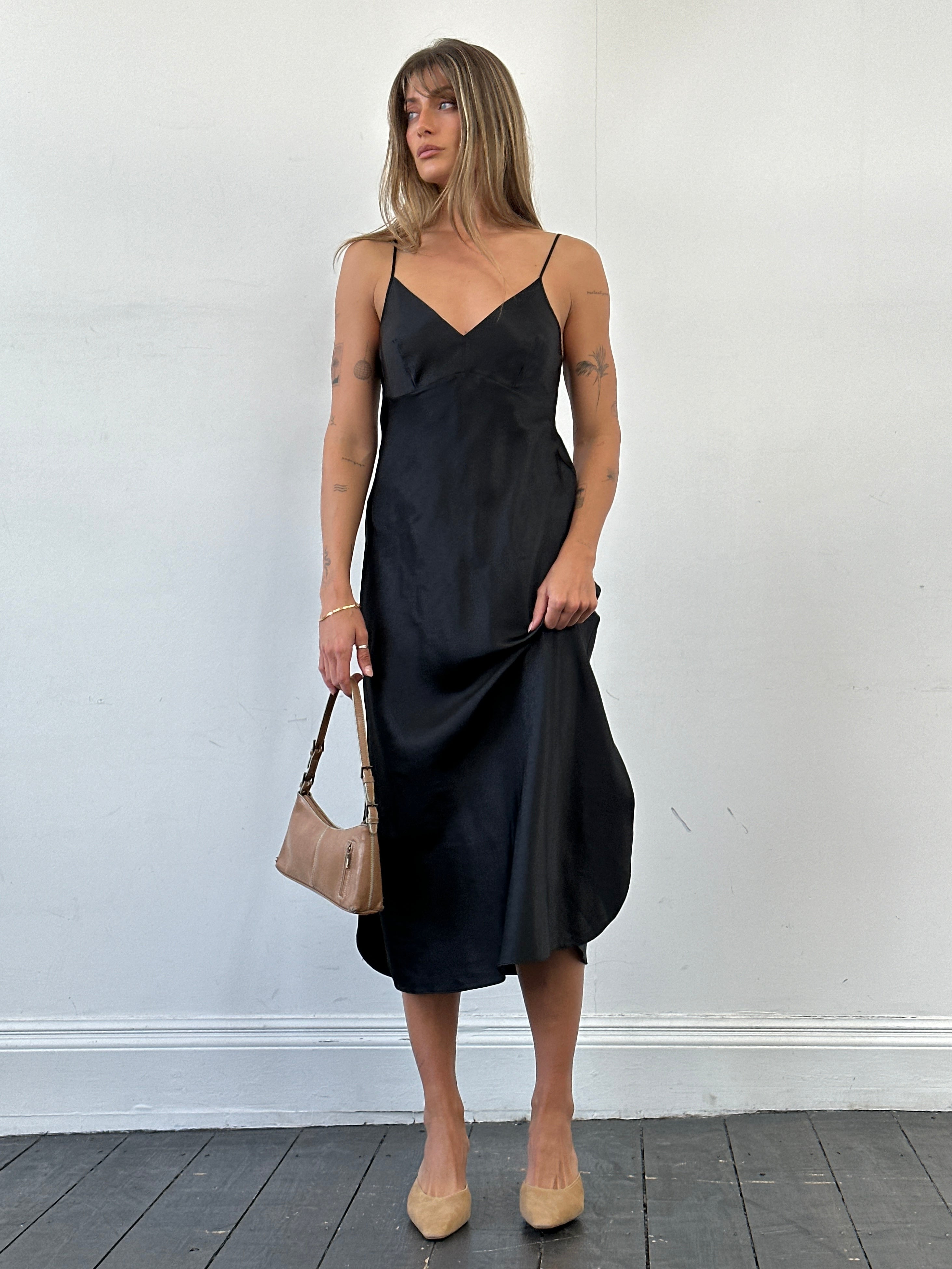 St Michael satin side split slip dress in size M, featuring a sleek design and elegant fabric, displayed on a hanger.