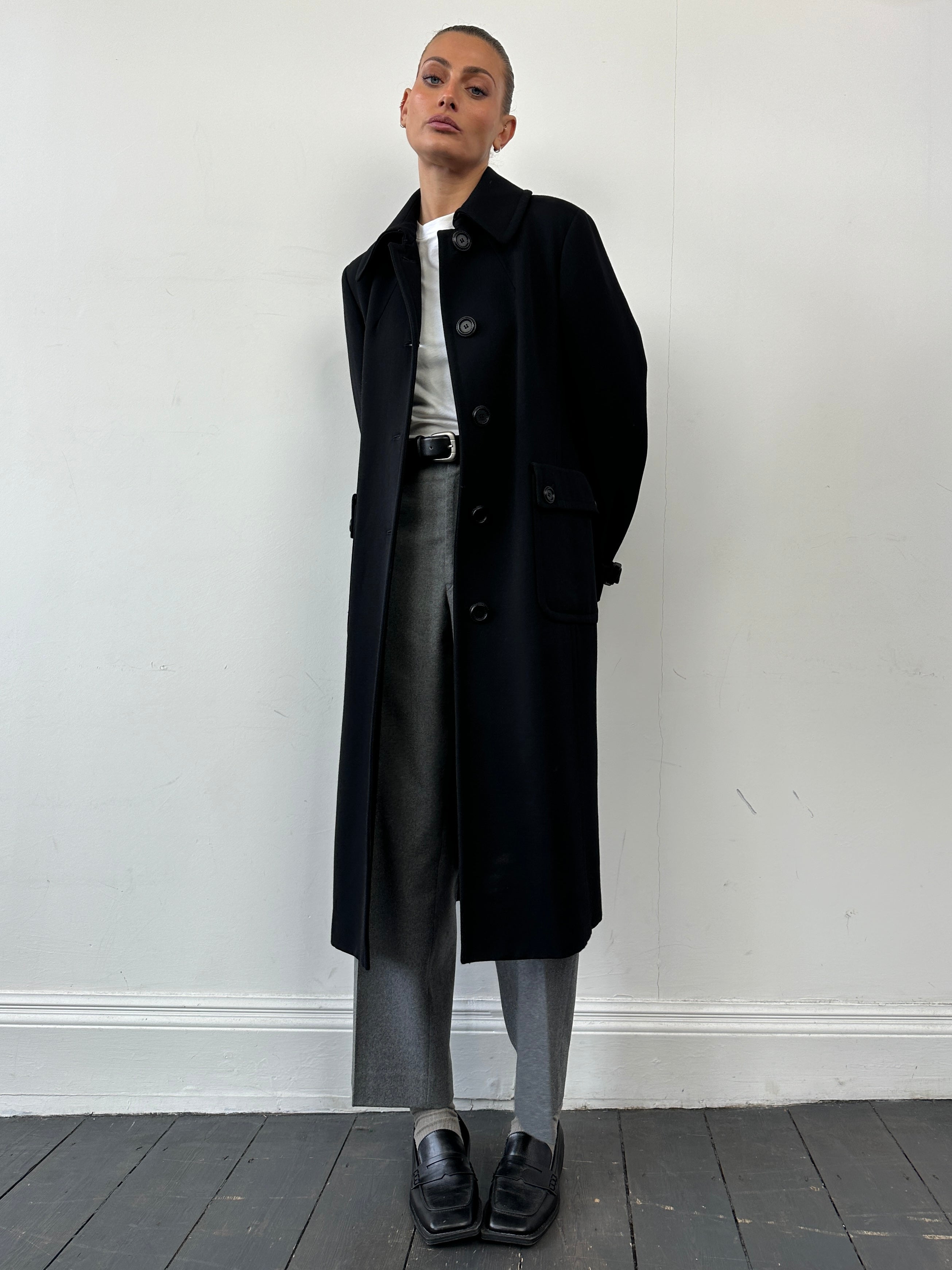Marella Pure Virgin Wool Single Breasted Coat in S/M, front view showing classic collar and button closure, beige color.
