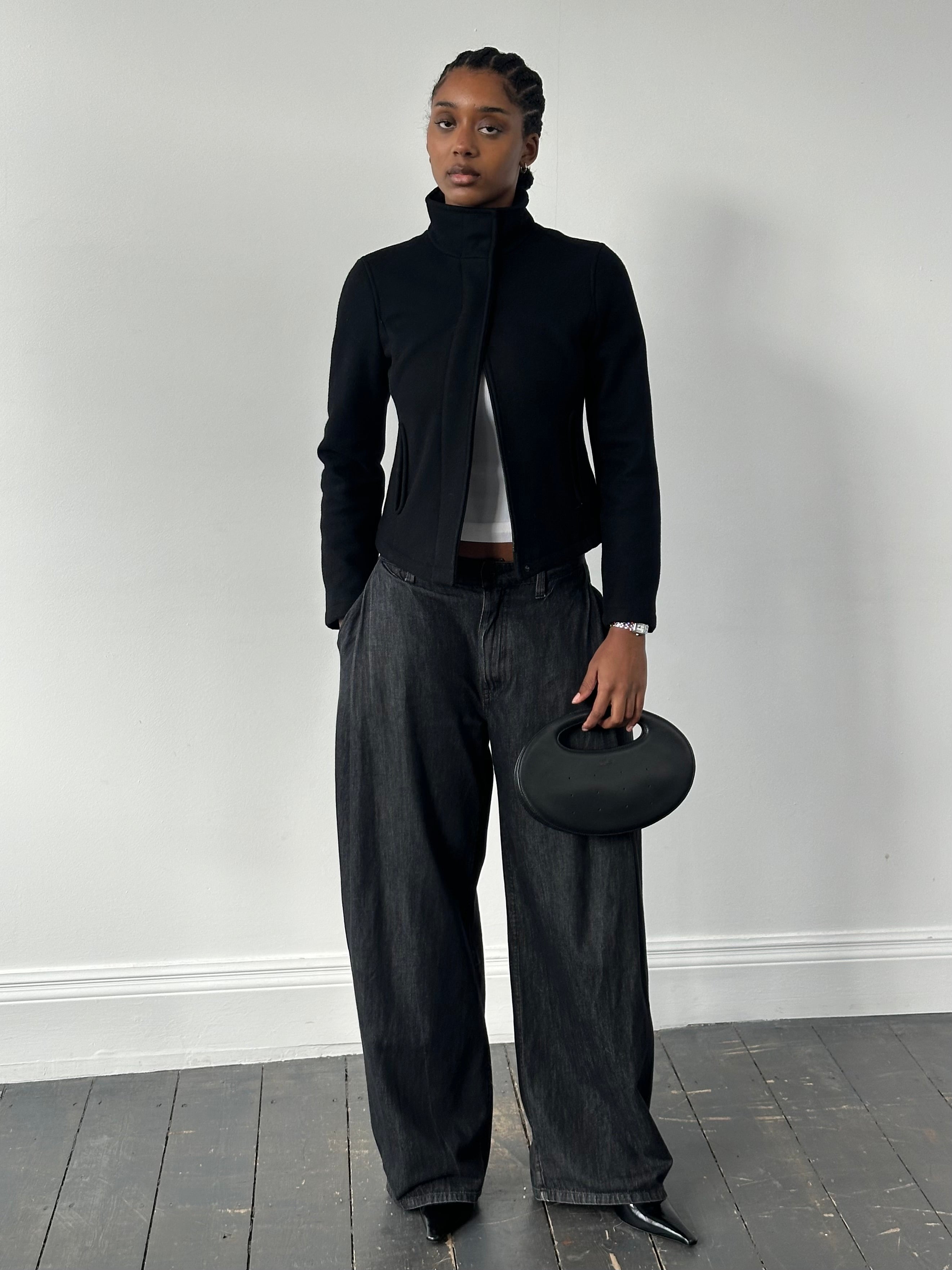 Armani Jeans 2000s wool high neck minimal jacket in black, featuring a sleek design and tailored fit, size small.