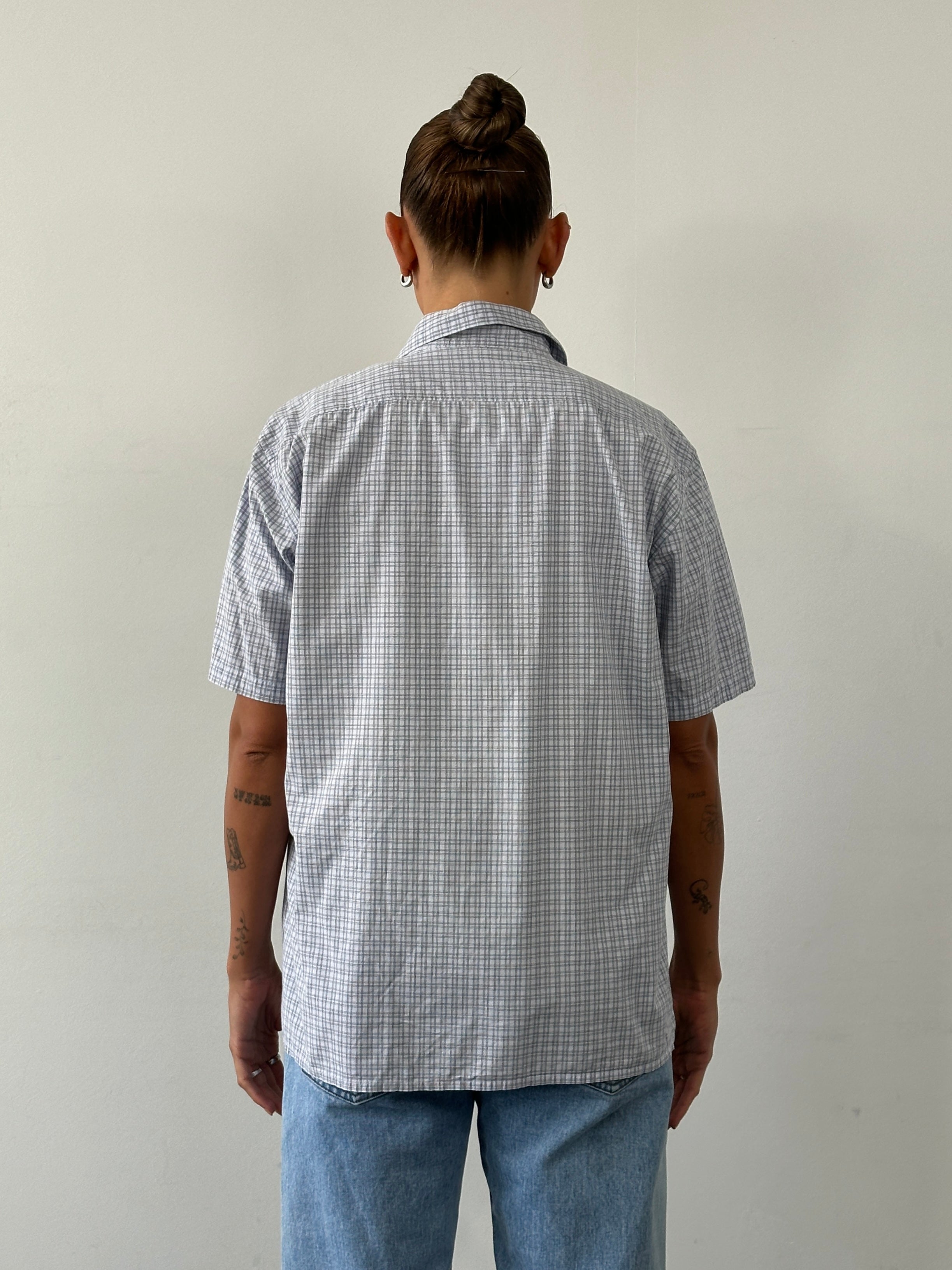 Yves Saint Laurent Pour Homme 2000s check pure cotton shirt, men's size L, featuring a classic pattern and button-front design.